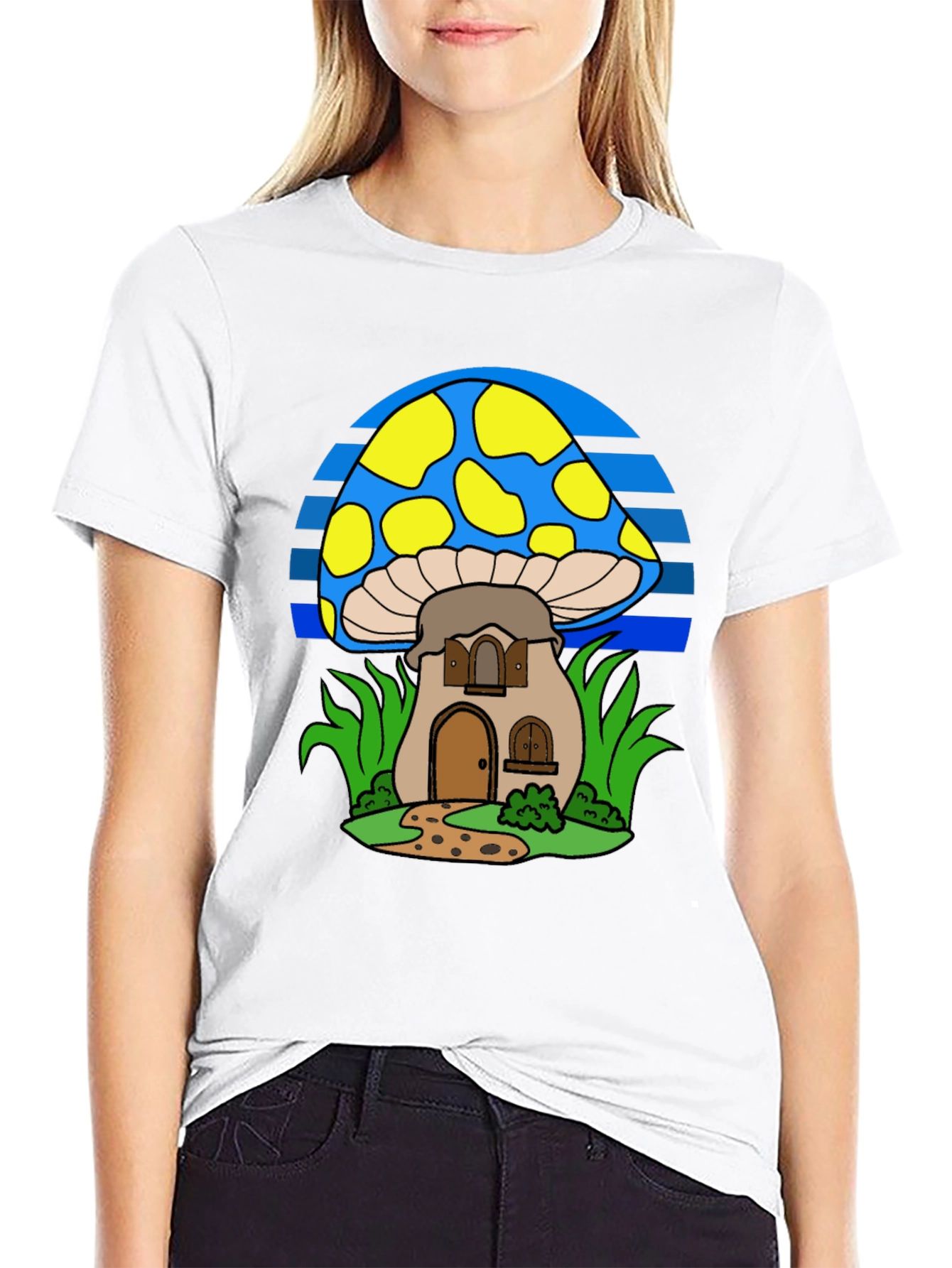 Whimsical Mushroom House T-Shirt - Black