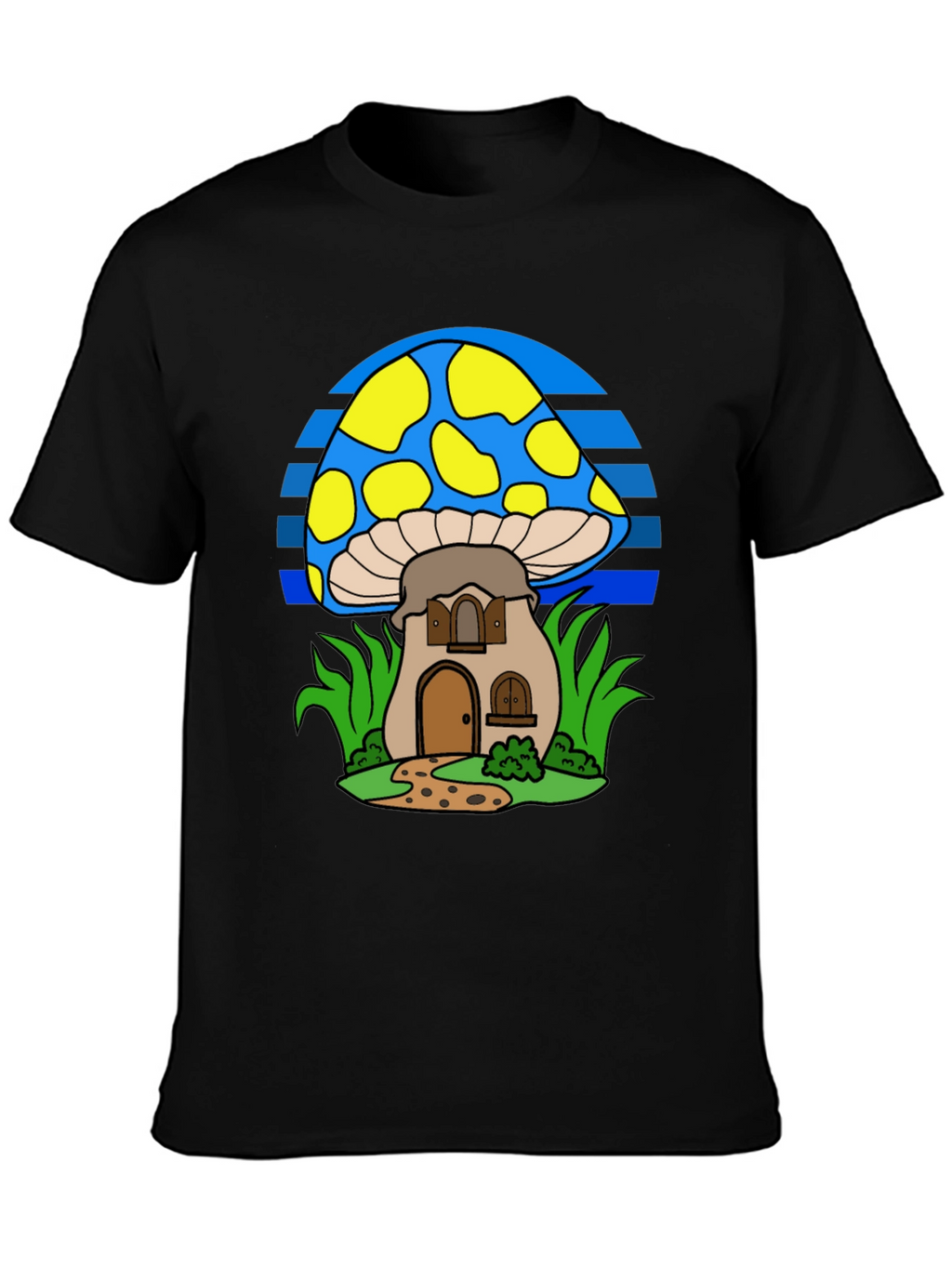 Whimsical Mushroom House T-Shirt - Black