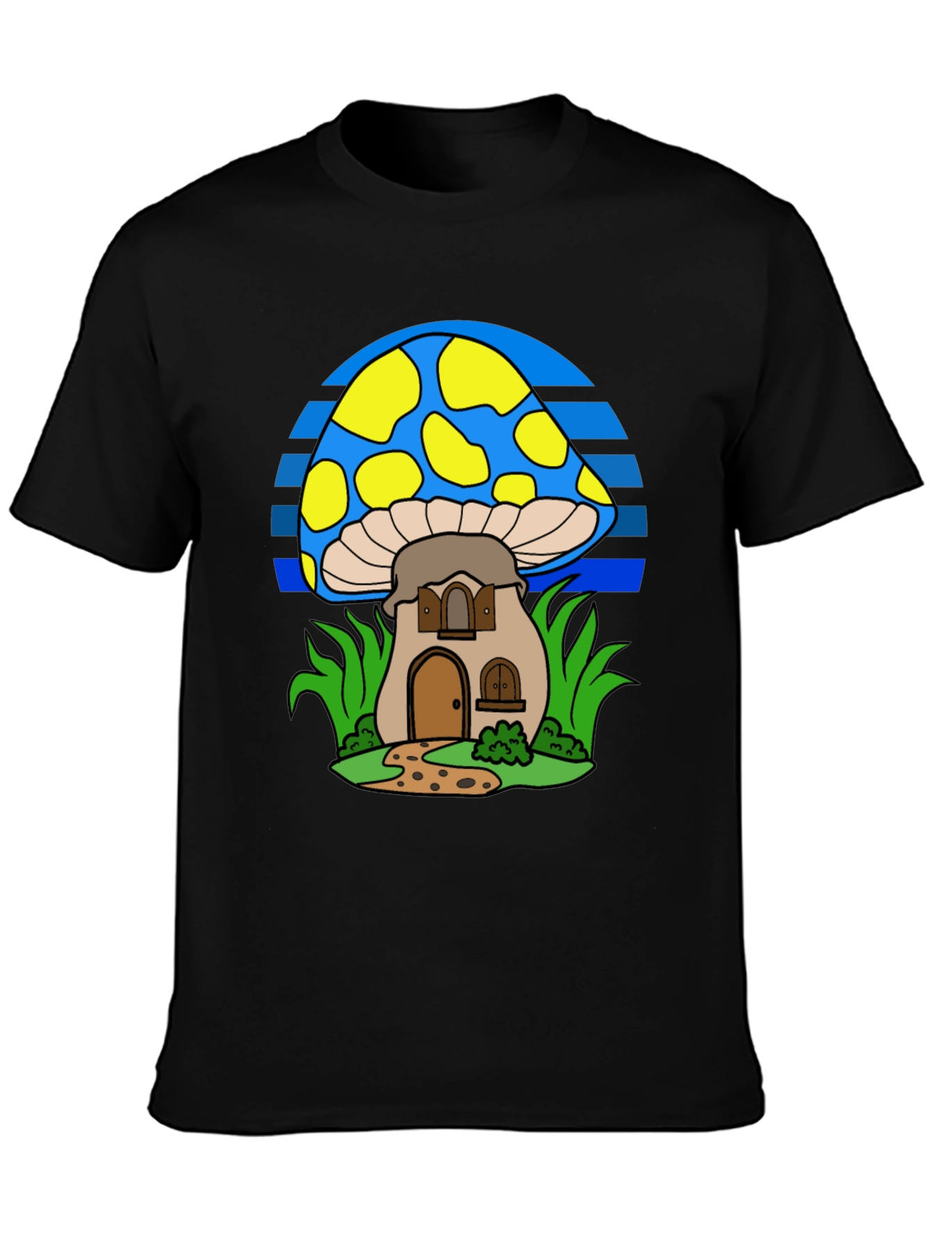 Whimsical Mushroom House T-Shirt - Black