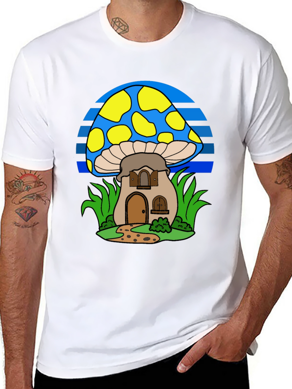 Whimsical Mushroom House T-Shirt - Black