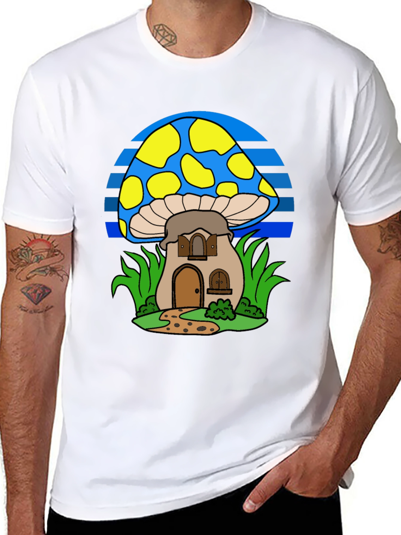Whimsical Mushroom House T-Shirt - Black