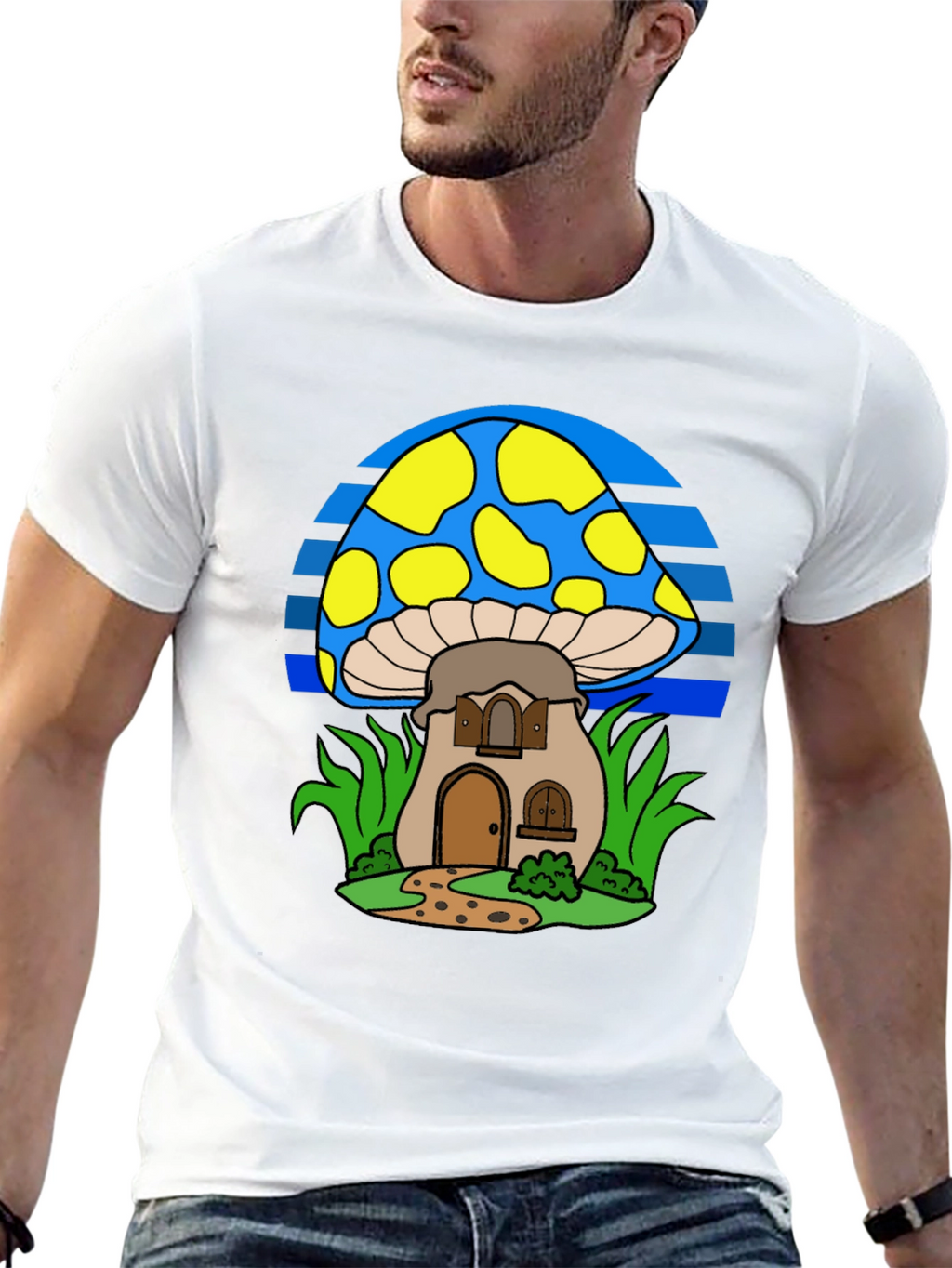 Whimsical Mushroom House T-Shirt - Black