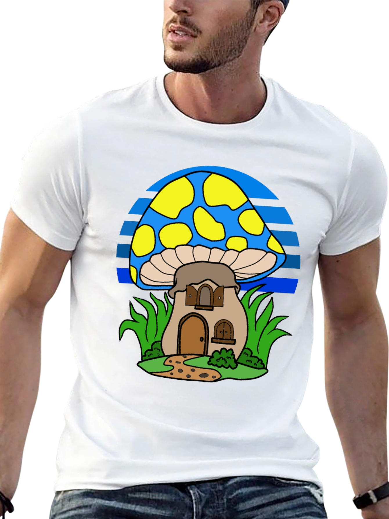 Whimsical Mushroom House T-Shirt - Black