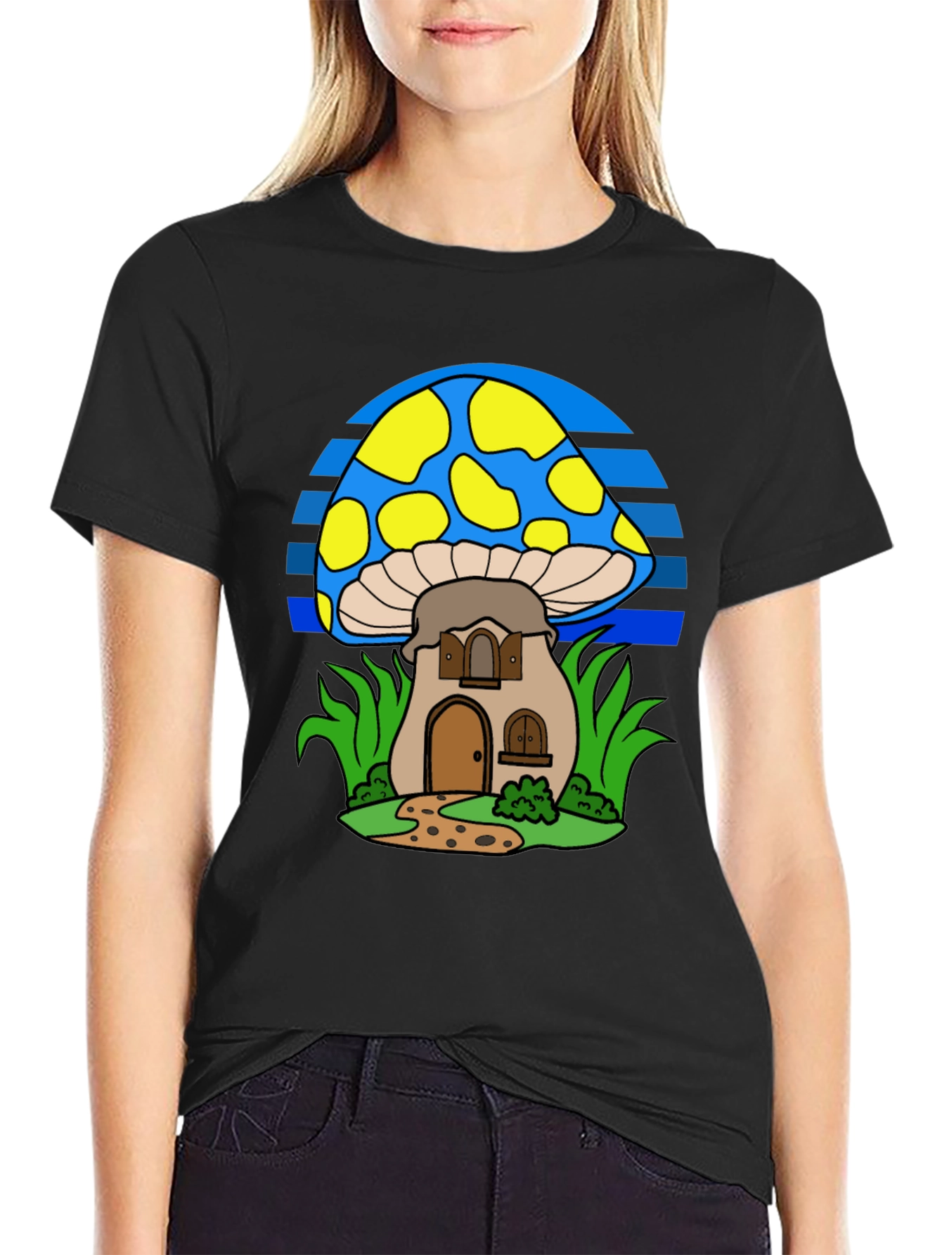 Whimsical Mushroom House T-Shirt - Black