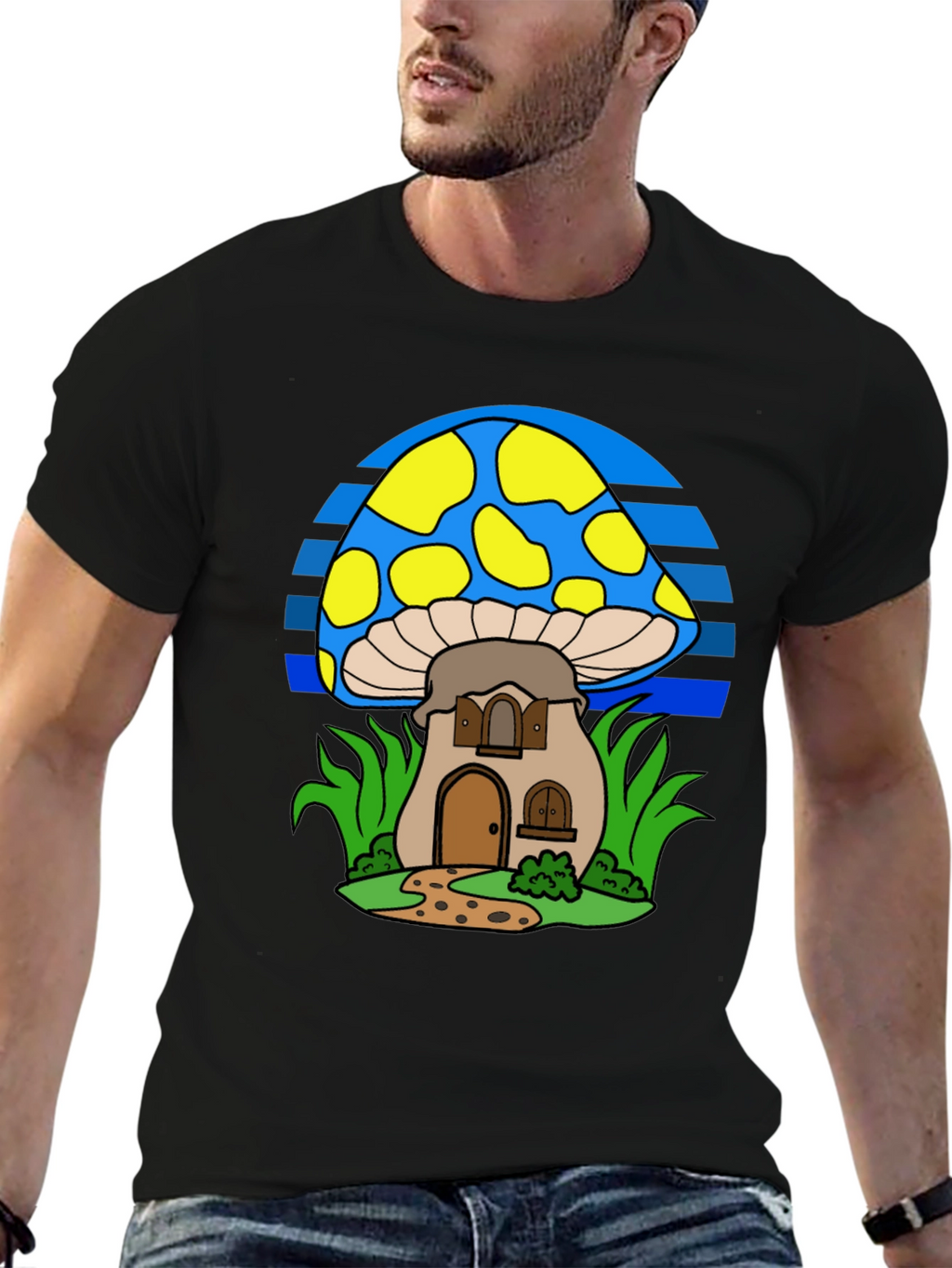 Whimsical Mushroom House T-Shirt - Black