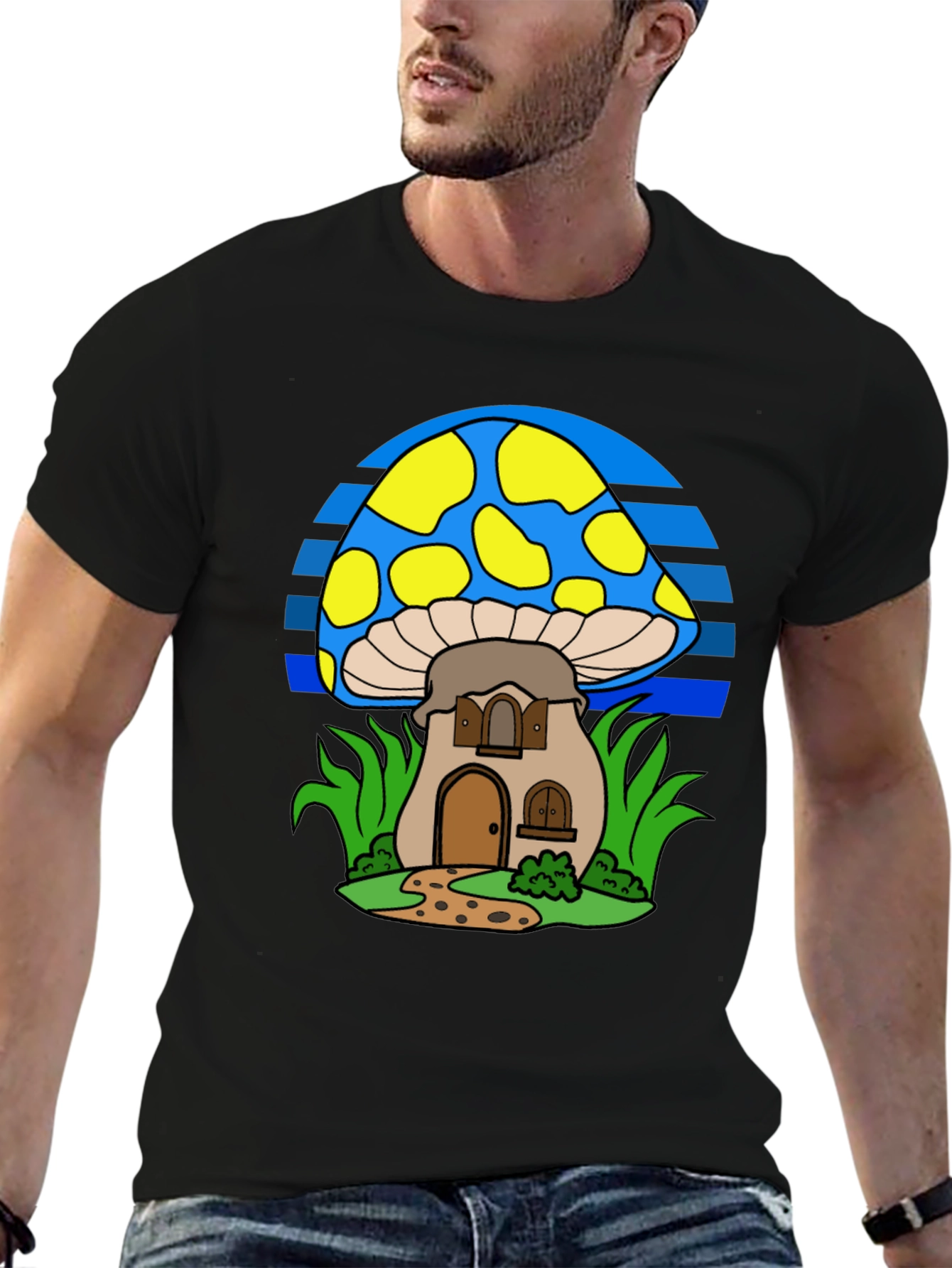 Whimsical Mushroom House T-Shirt - Black