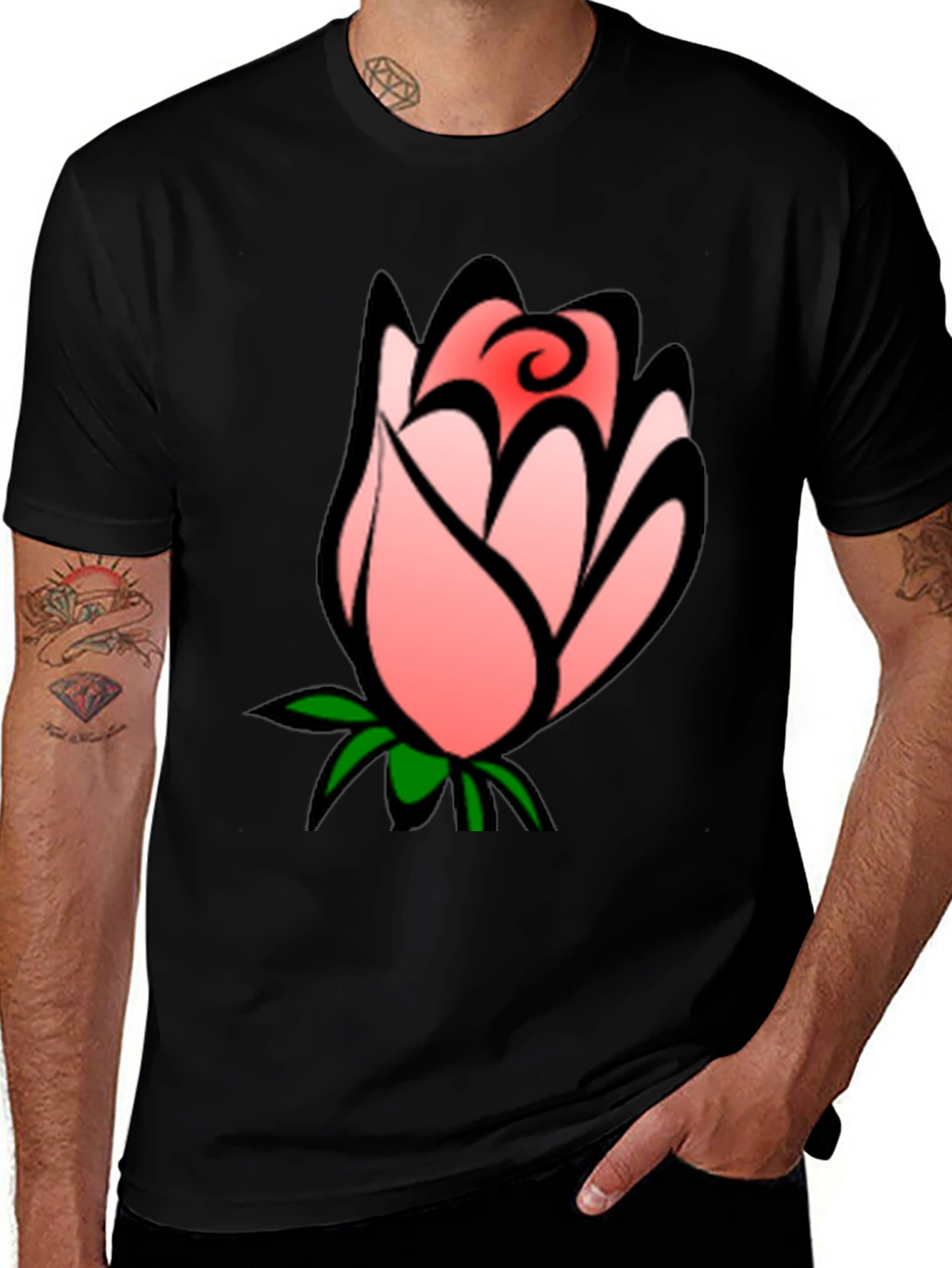 Floral Rose Bud Graphic Black T-Shirt