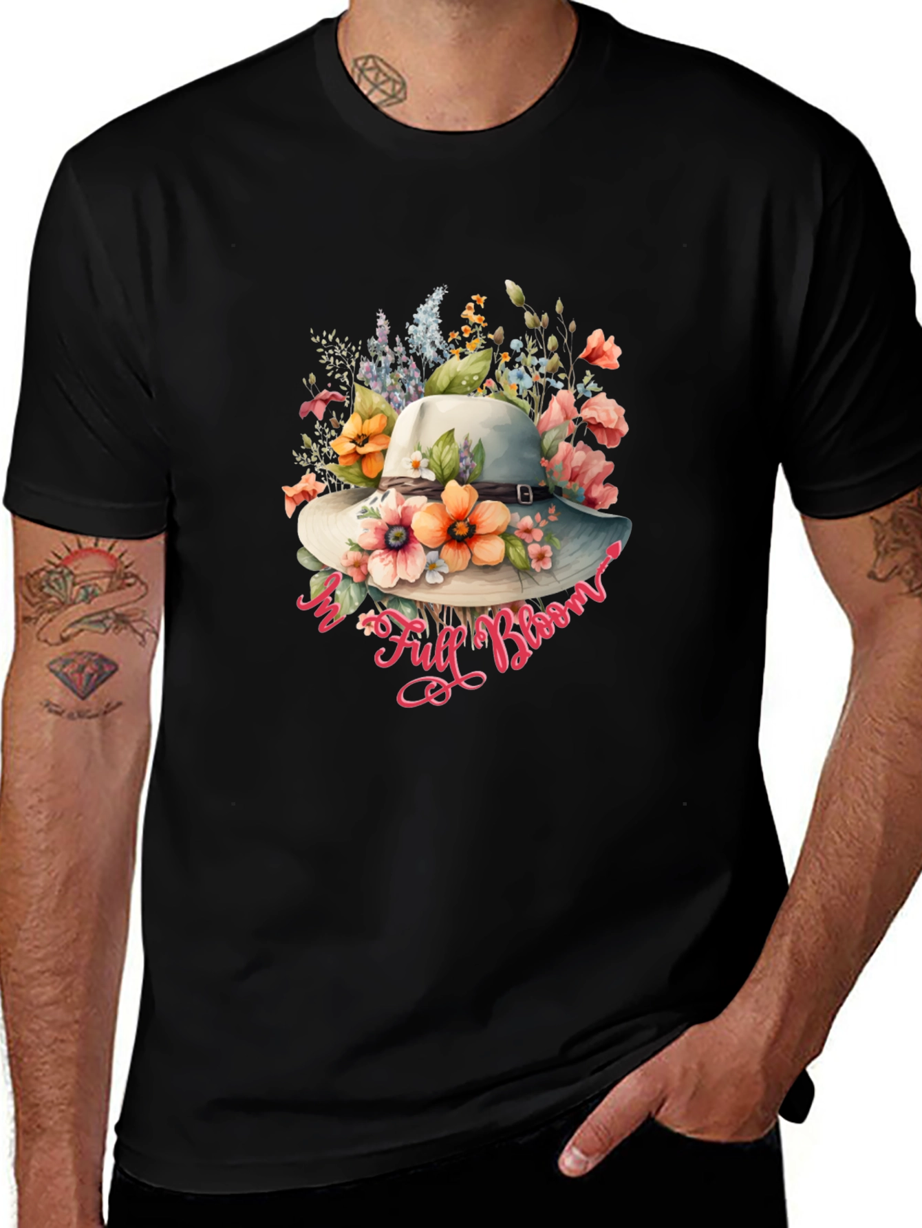 Floral Hat Graphic Black T-Shirt
