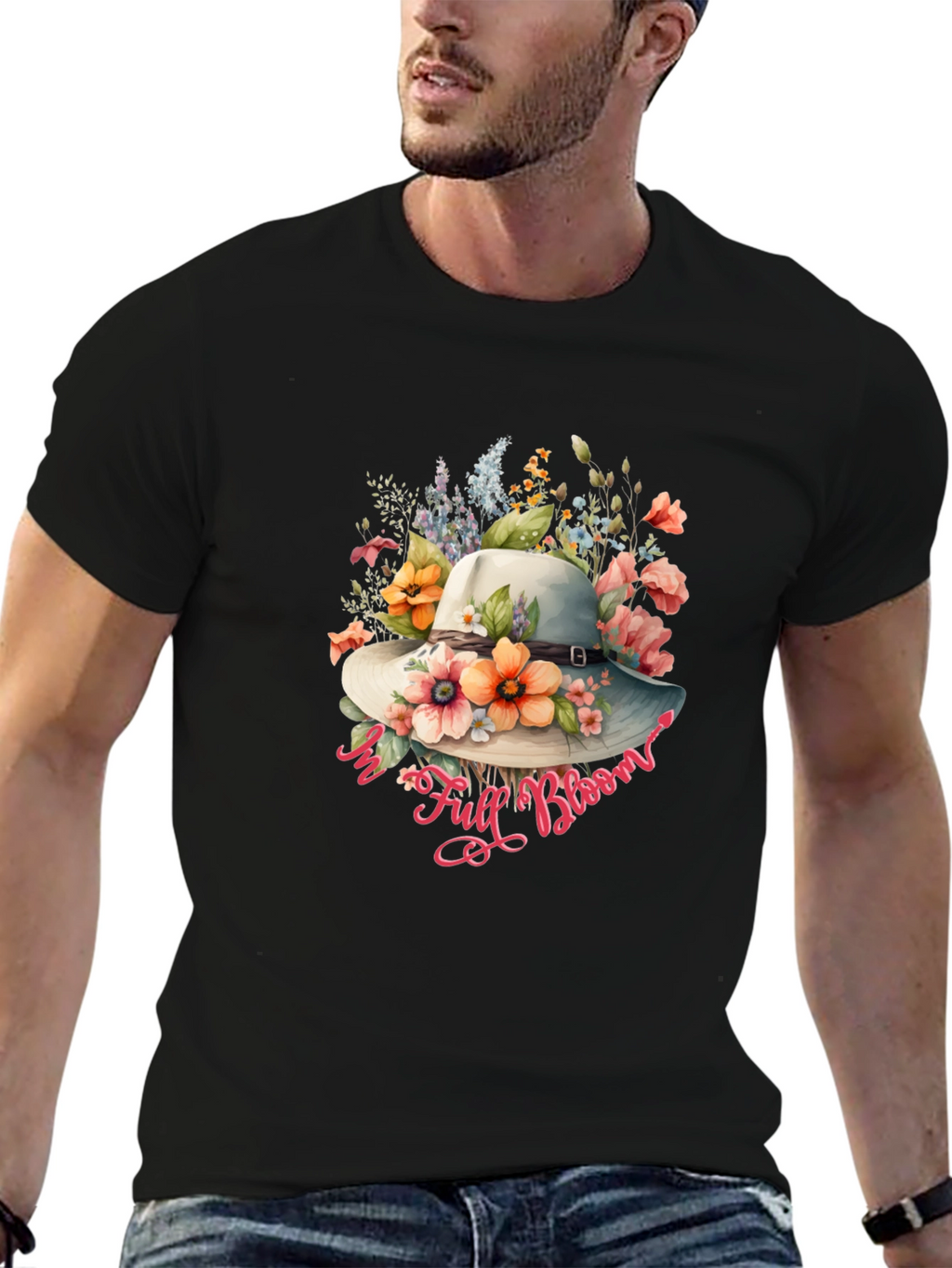 Floral Hat Graphic Black T-Shirt