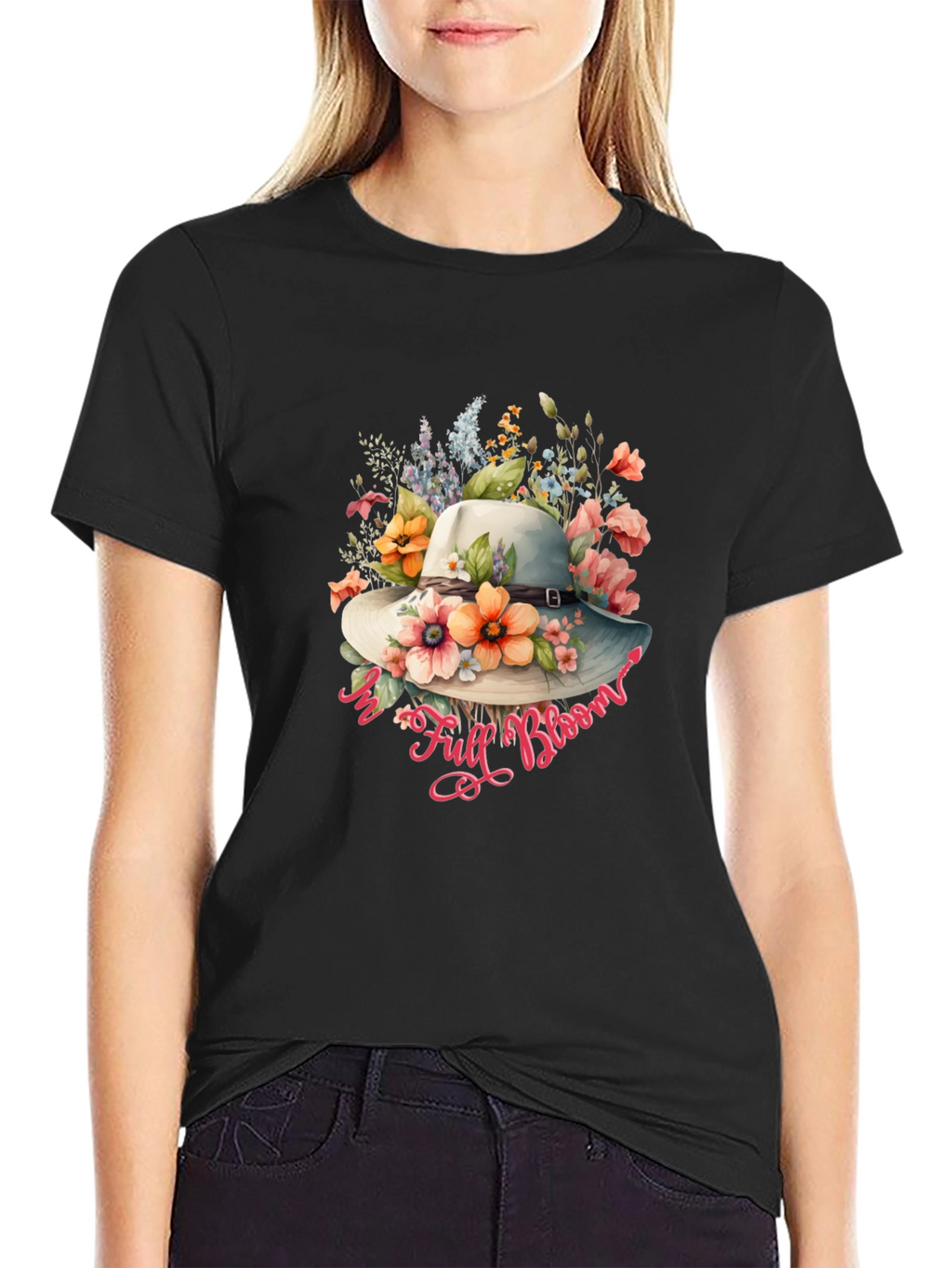 Floral Hat Graphic Black T-Shirt