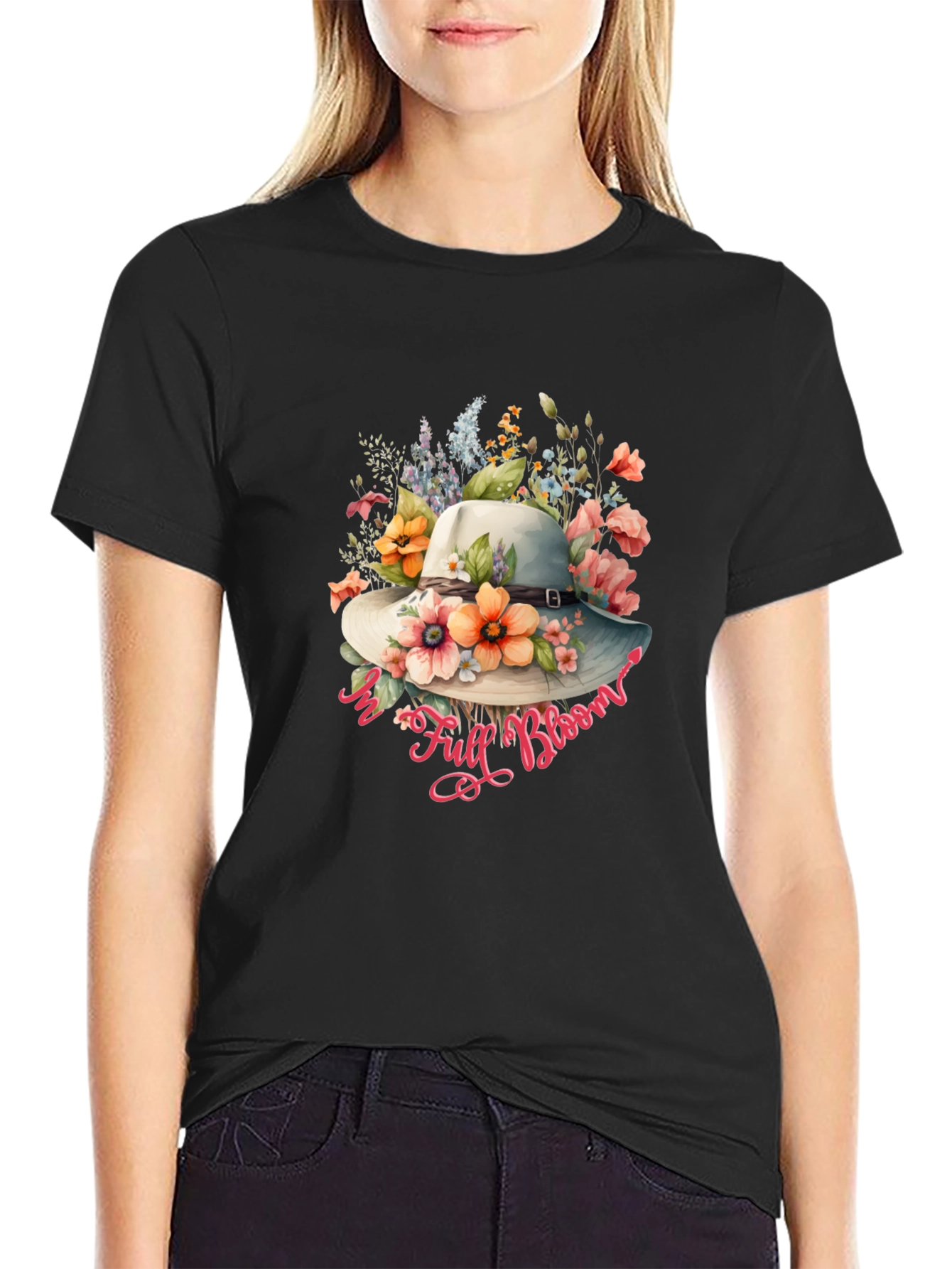 Floral Hat Graphic Black T-Shirt
