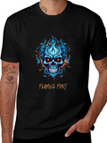 Flaming Fury Skull Graphic Tee - Black Cotton