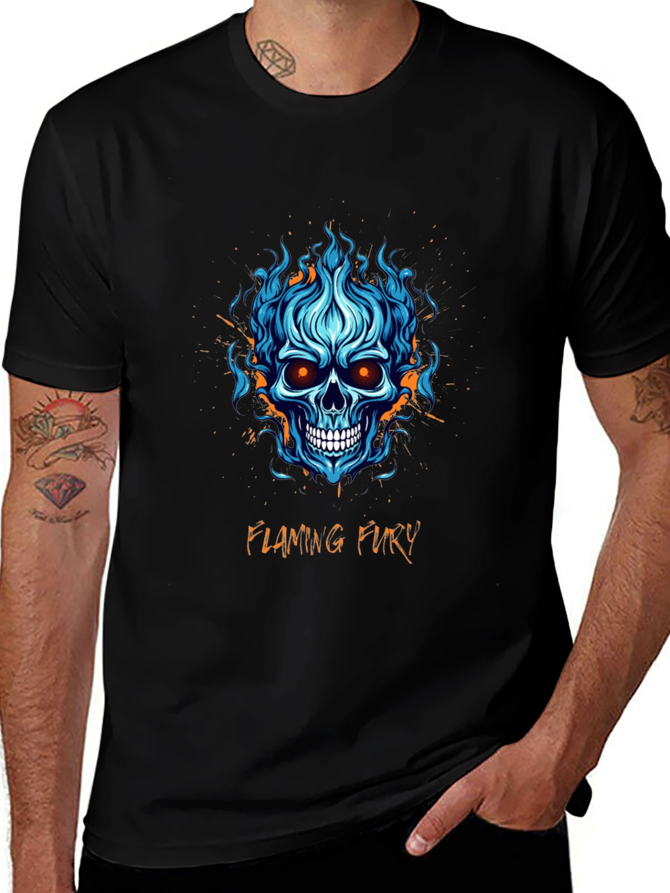 Flaming Fury Skull Graphic Tee - Black Cotton