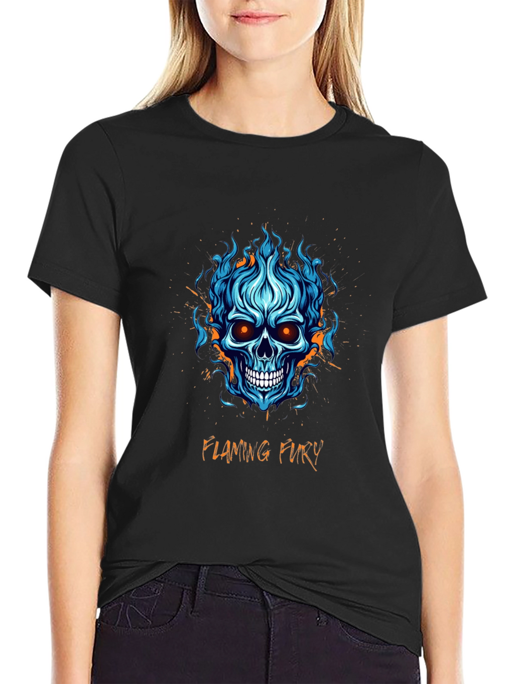 Flaming Fury Skull Graphic Tee - Black Cotton