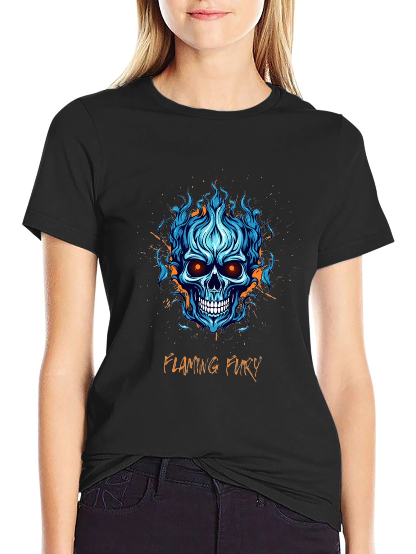Flaming Fury Skull Graphic Tee - Black Cotton