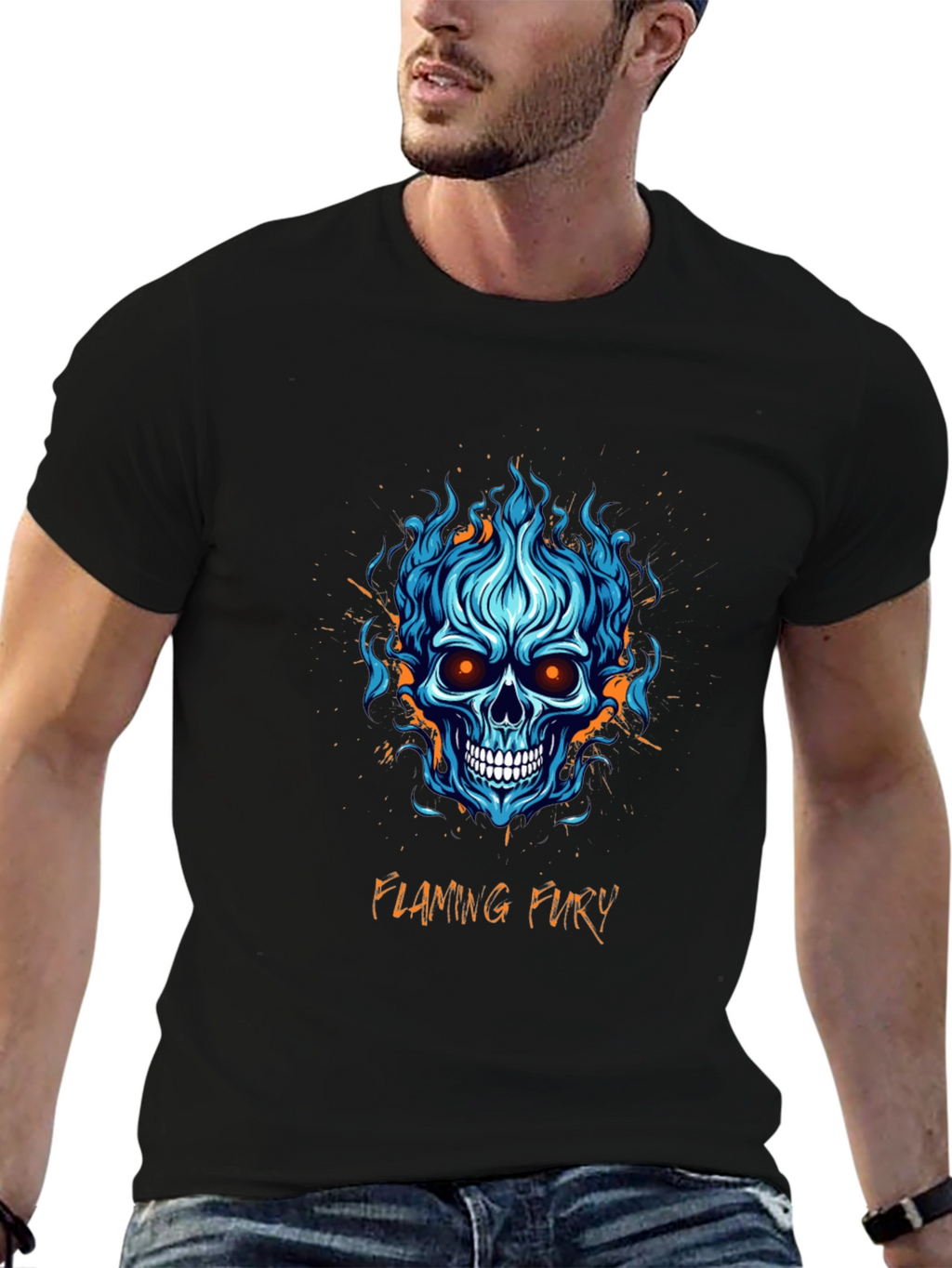 Flaming Fury Skull Graphic Tee - Black Cotton