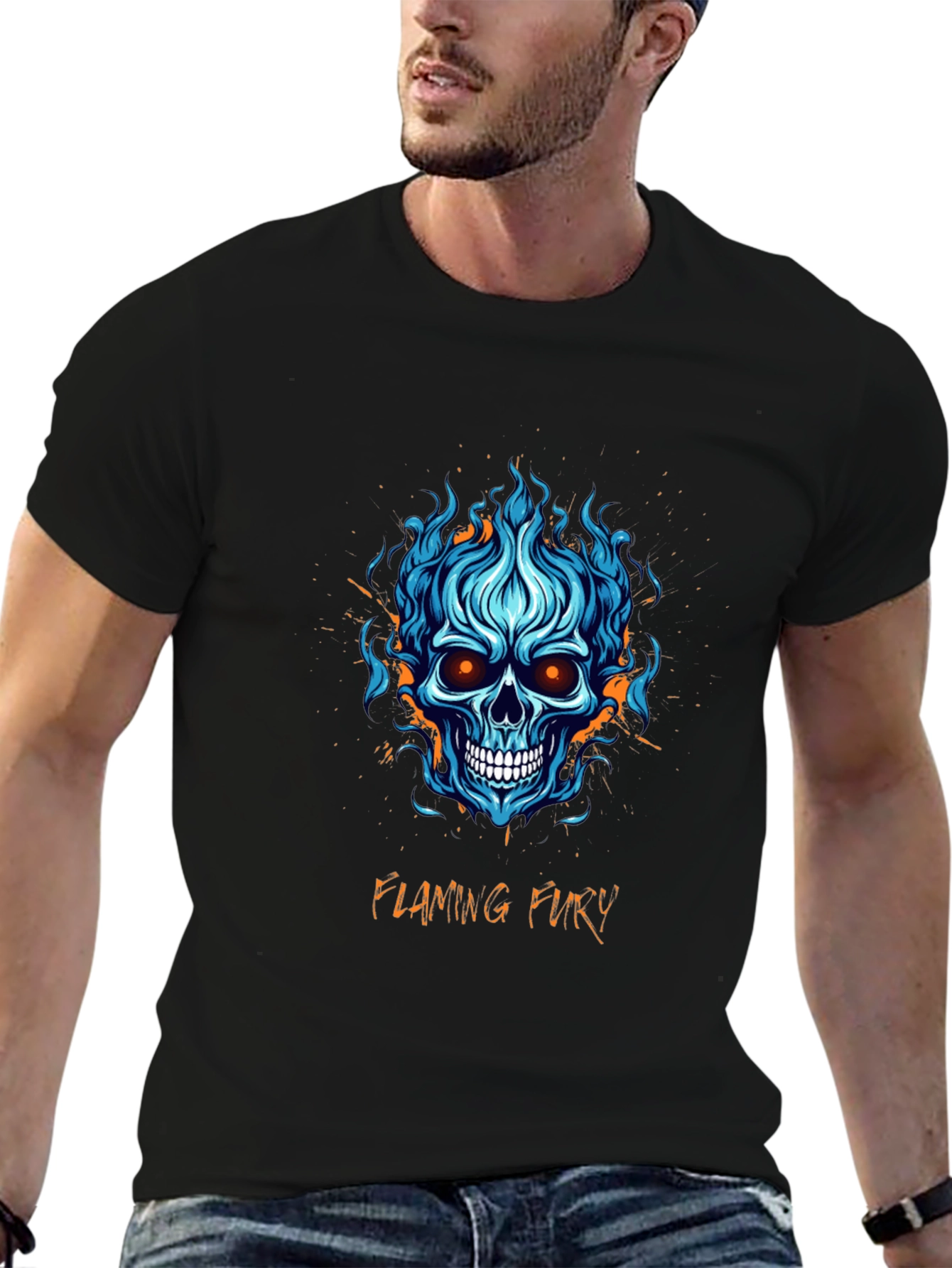 Flaming Fury Skull Graphic Tee - Black Cotton