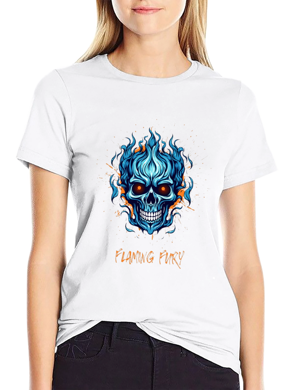 Flaming Fury Skull Graphic Tee - Black Cotton