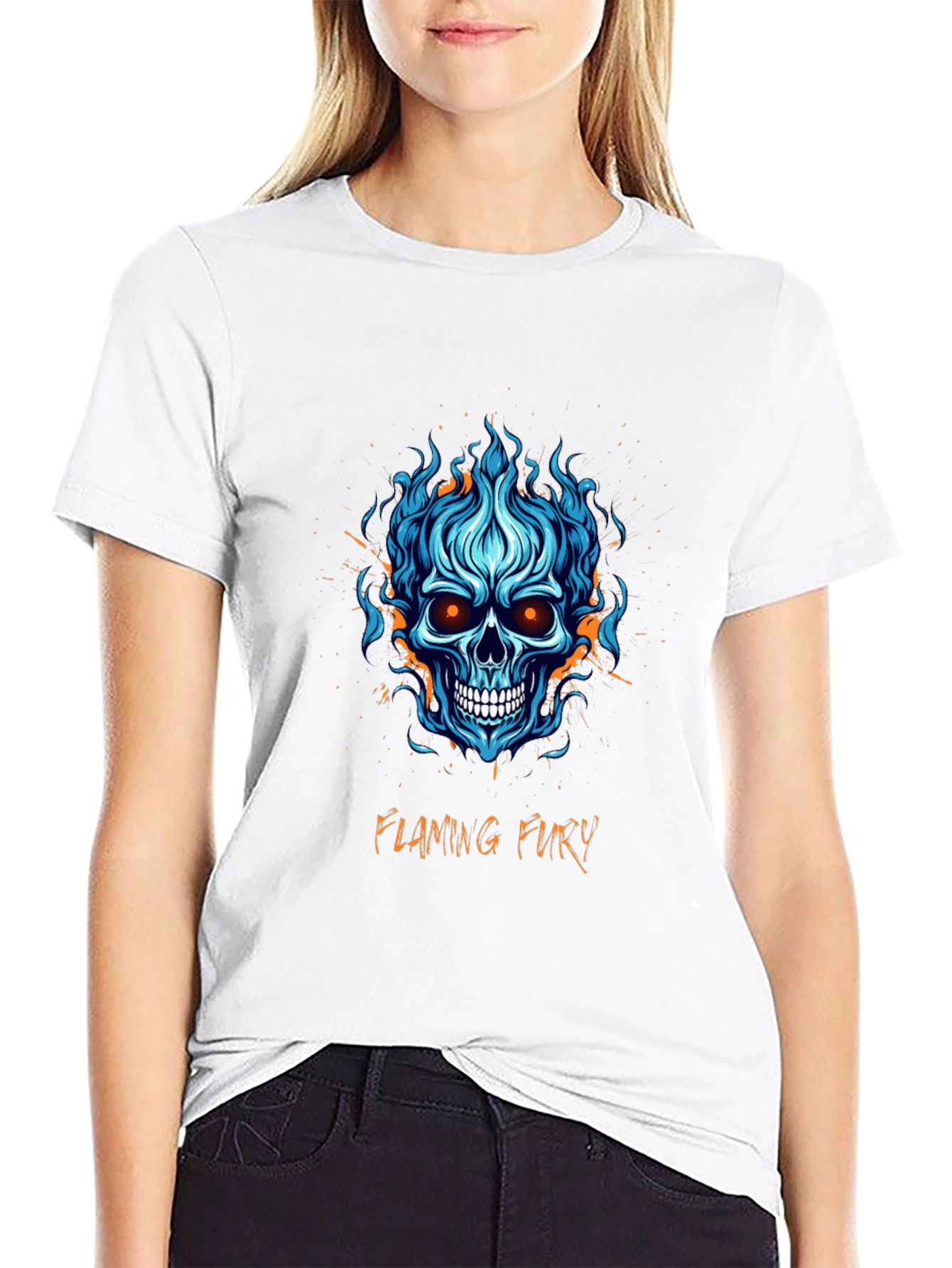 Flaming Fury Skull Graphic Tee - Black Cotton