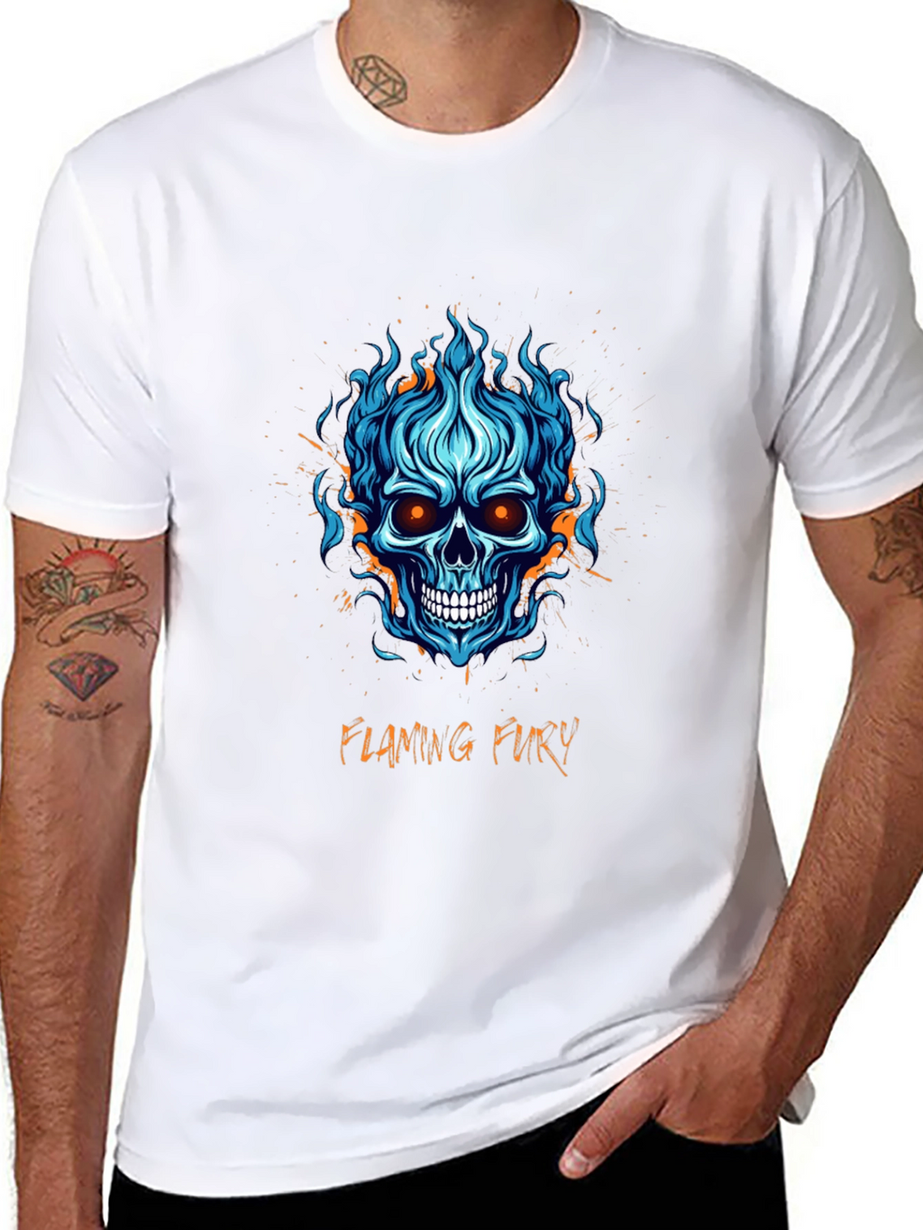 Flaming Fury Skull Graphic Tee - Black Cotton