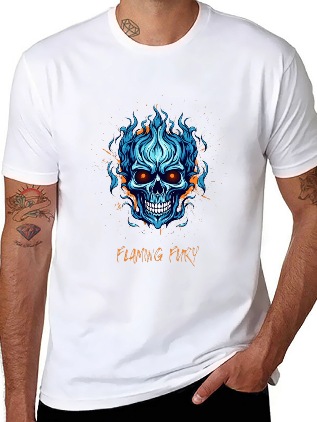Flaming Fury Skull Graphic Tee - Black Cotton