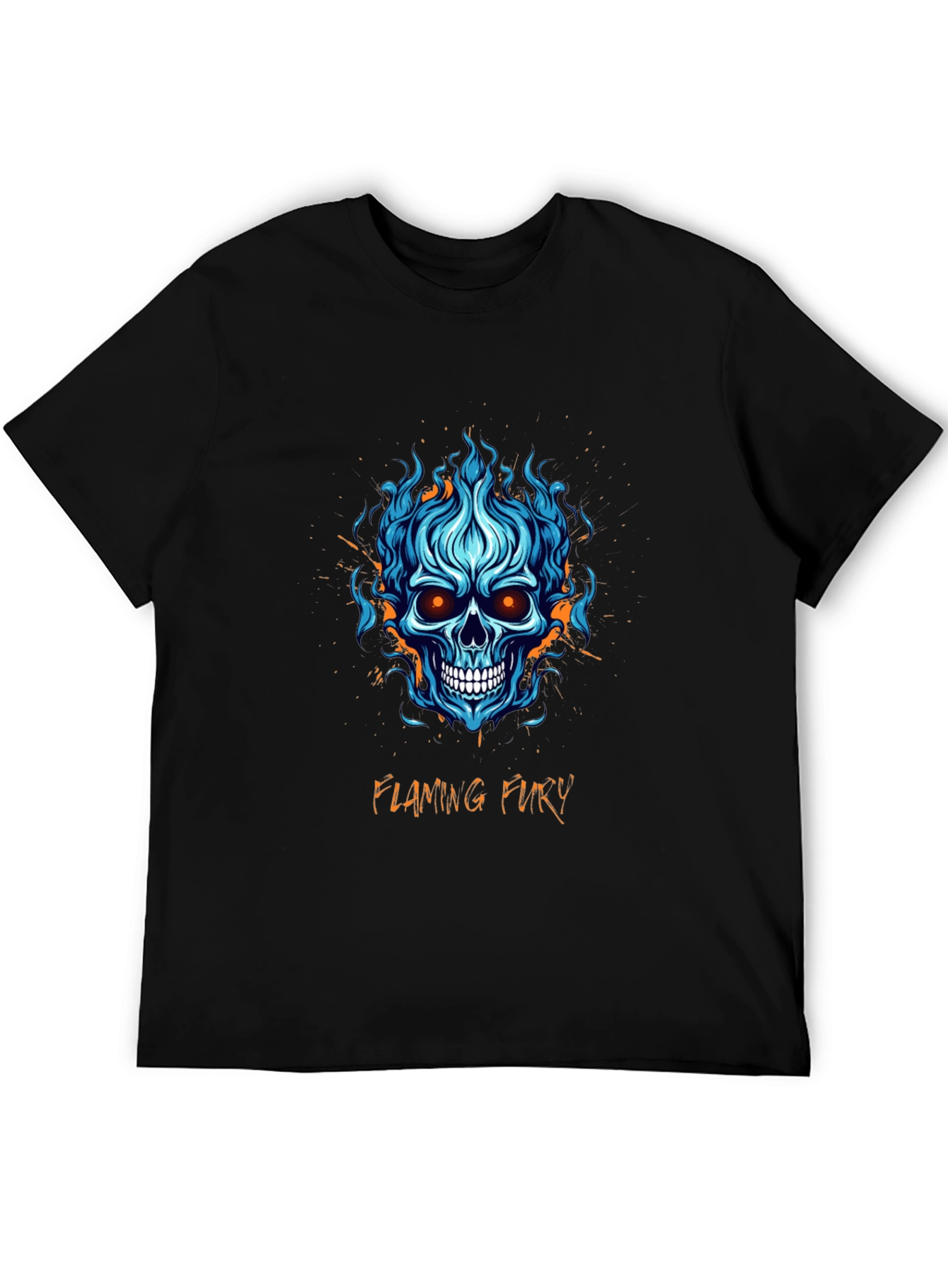 Flaming Fury Skull Graphic Tee - Black Cotton