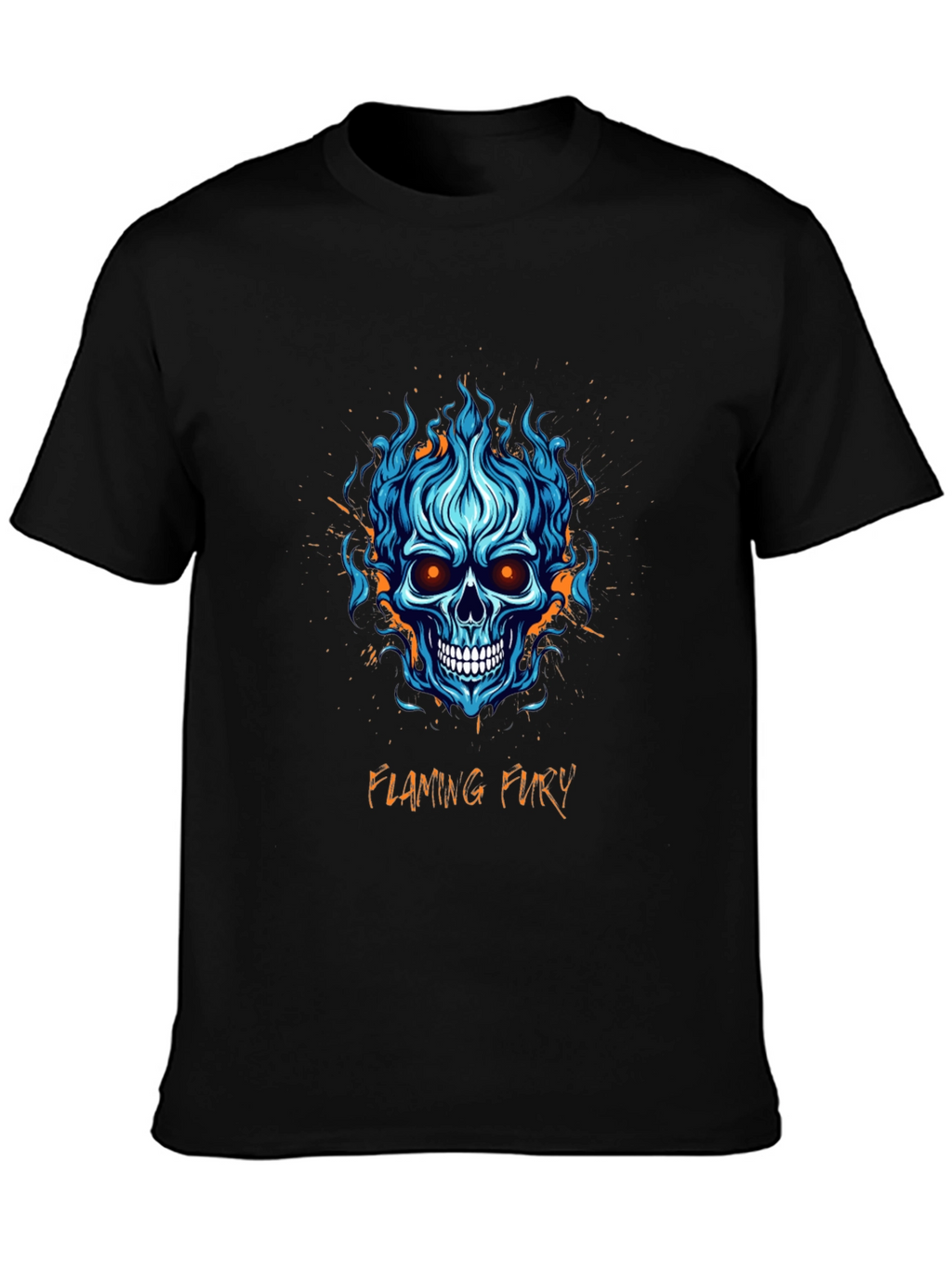 Flaming Fury Skull Graphic Tee - Black Cotton