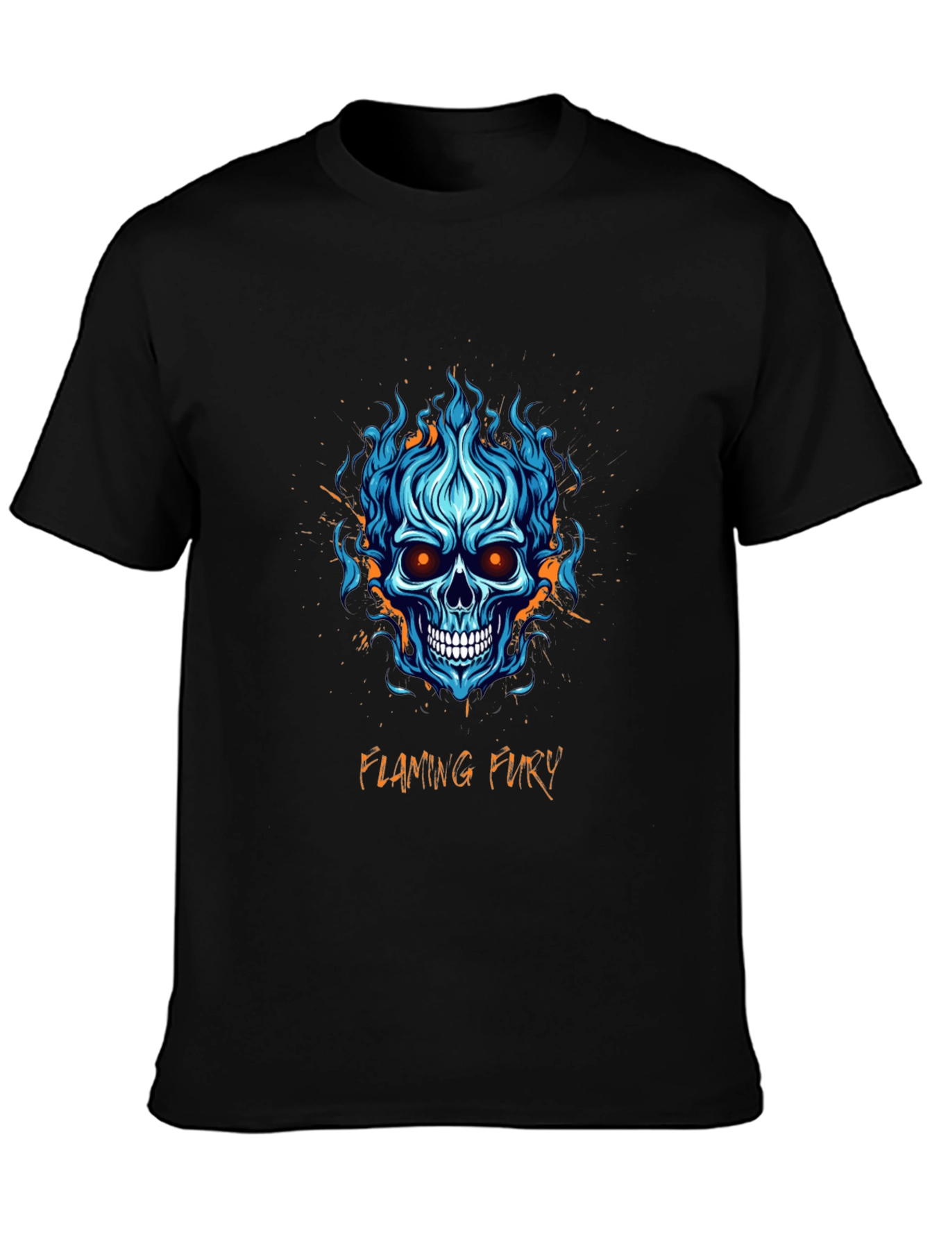 Flaming Fury Skull Graphic Tee - Black Cotton