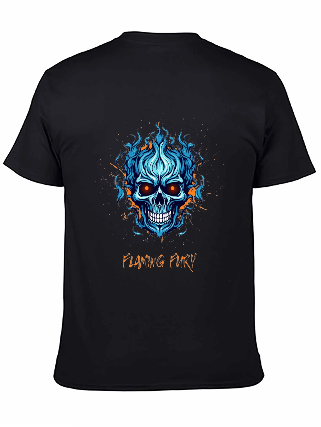 Flaming Fury Skull Graphic Tee - Black Cotton
