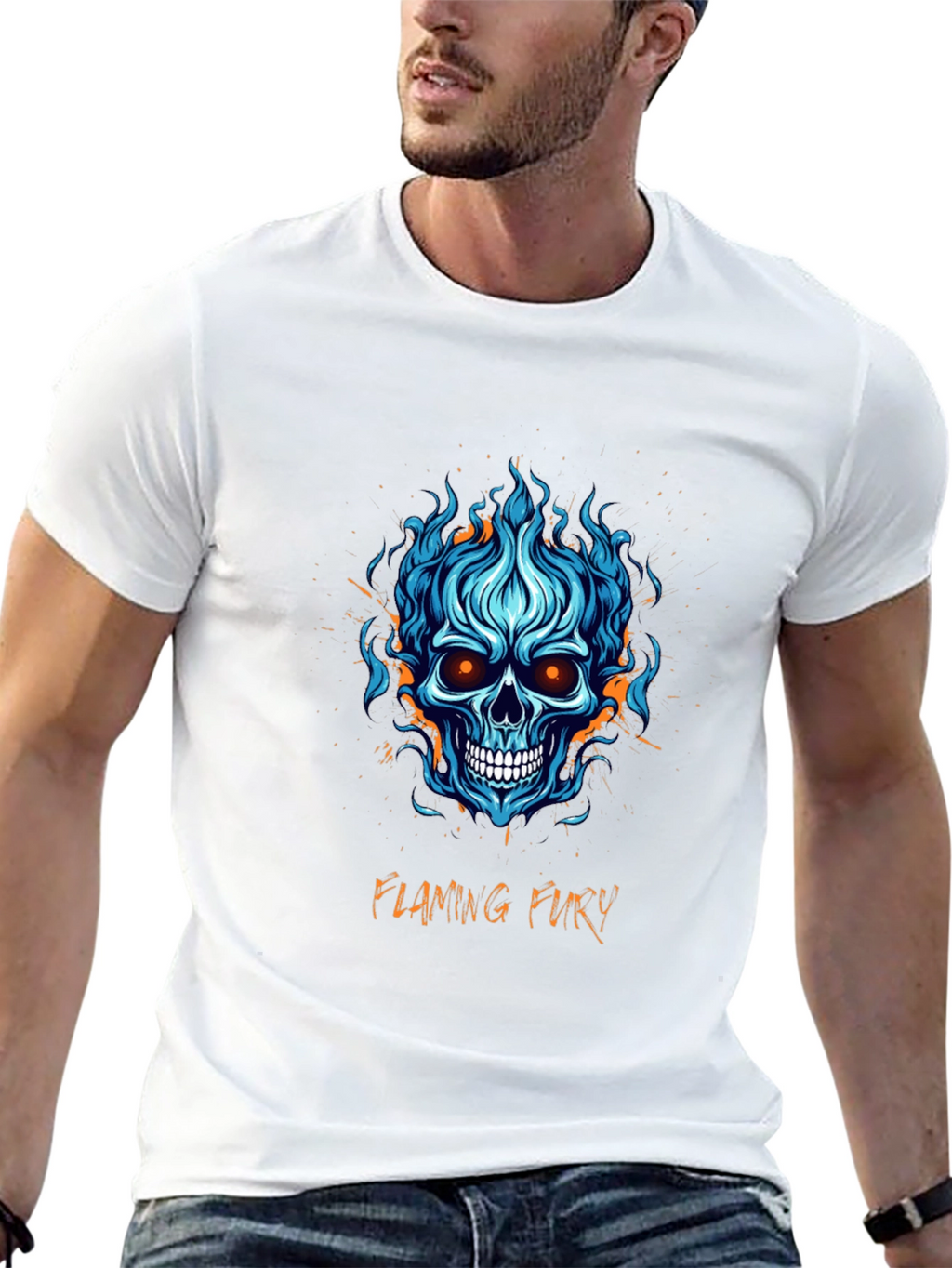 Flaming Fury Skull Graphic Tee - Black Cotton