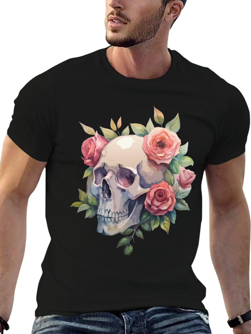 Skull & Roses Graphic Tee - Black Cotton Blend