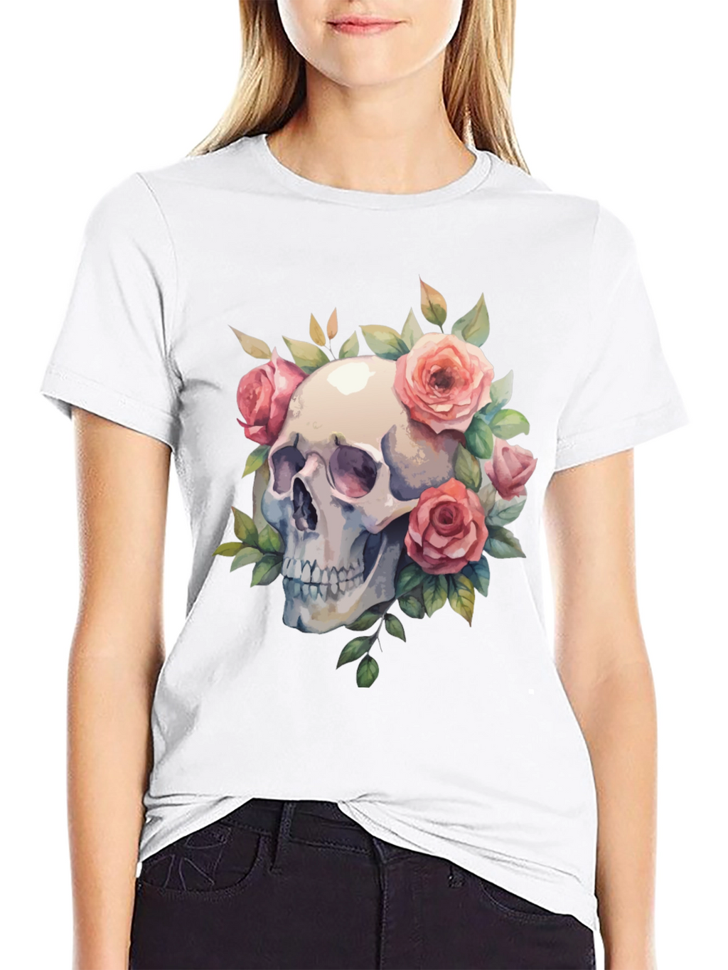 Skull & Roses Graphic Tee - Black Cotton Blend