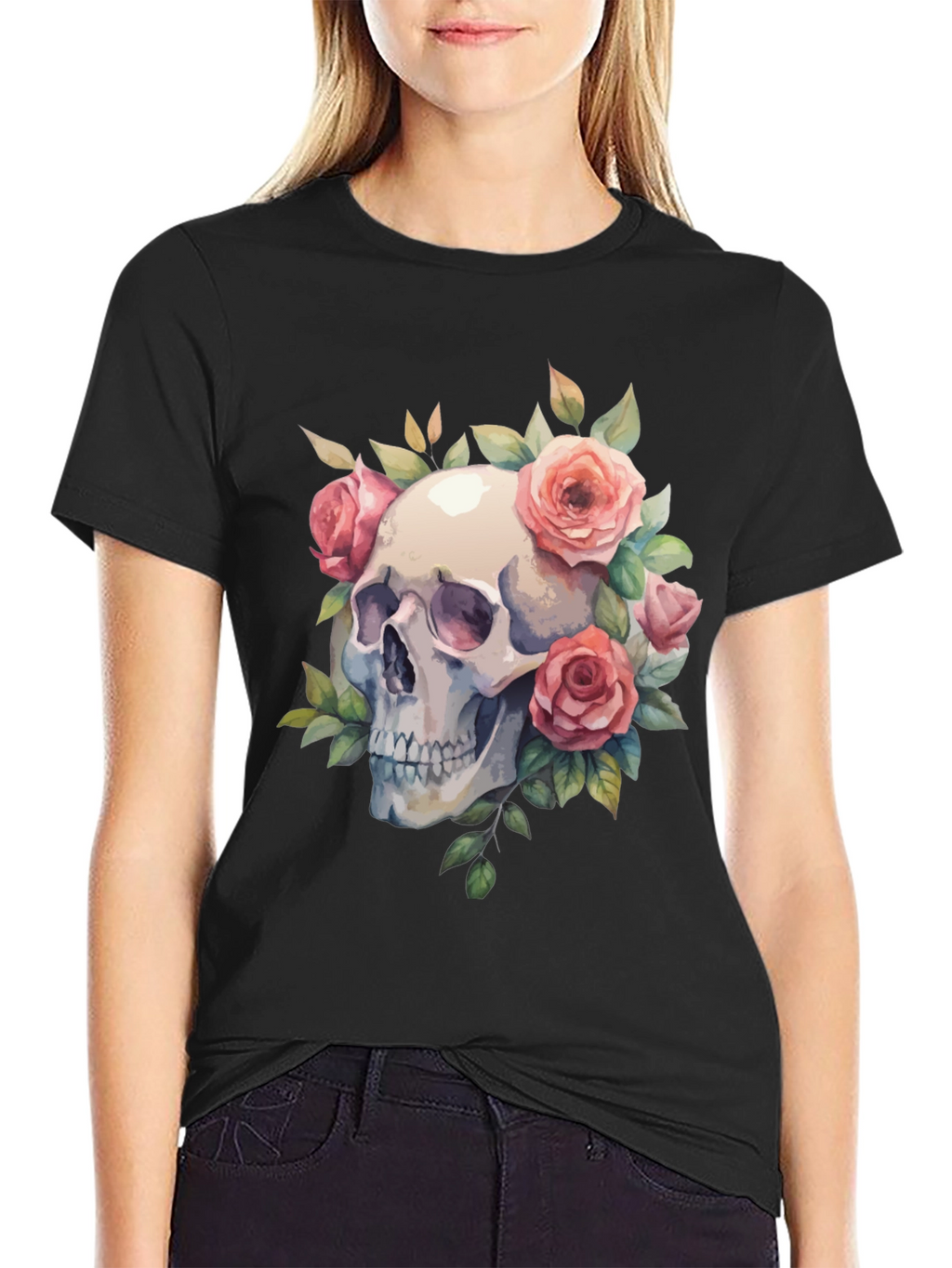 Skull & Roses Graphic Tee - Black Cotton Blend