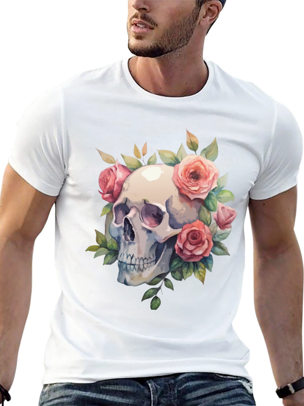 Skull & Roses Graphic Tee - Black Cotton Blend