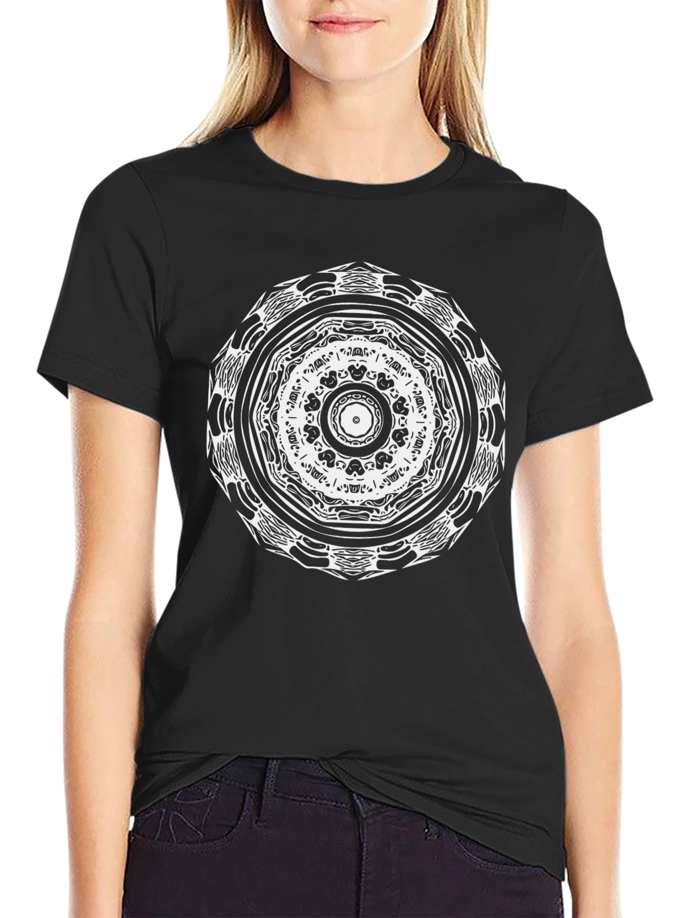 Geometric Mandala Graphic Tee - Black Cotton Comfort