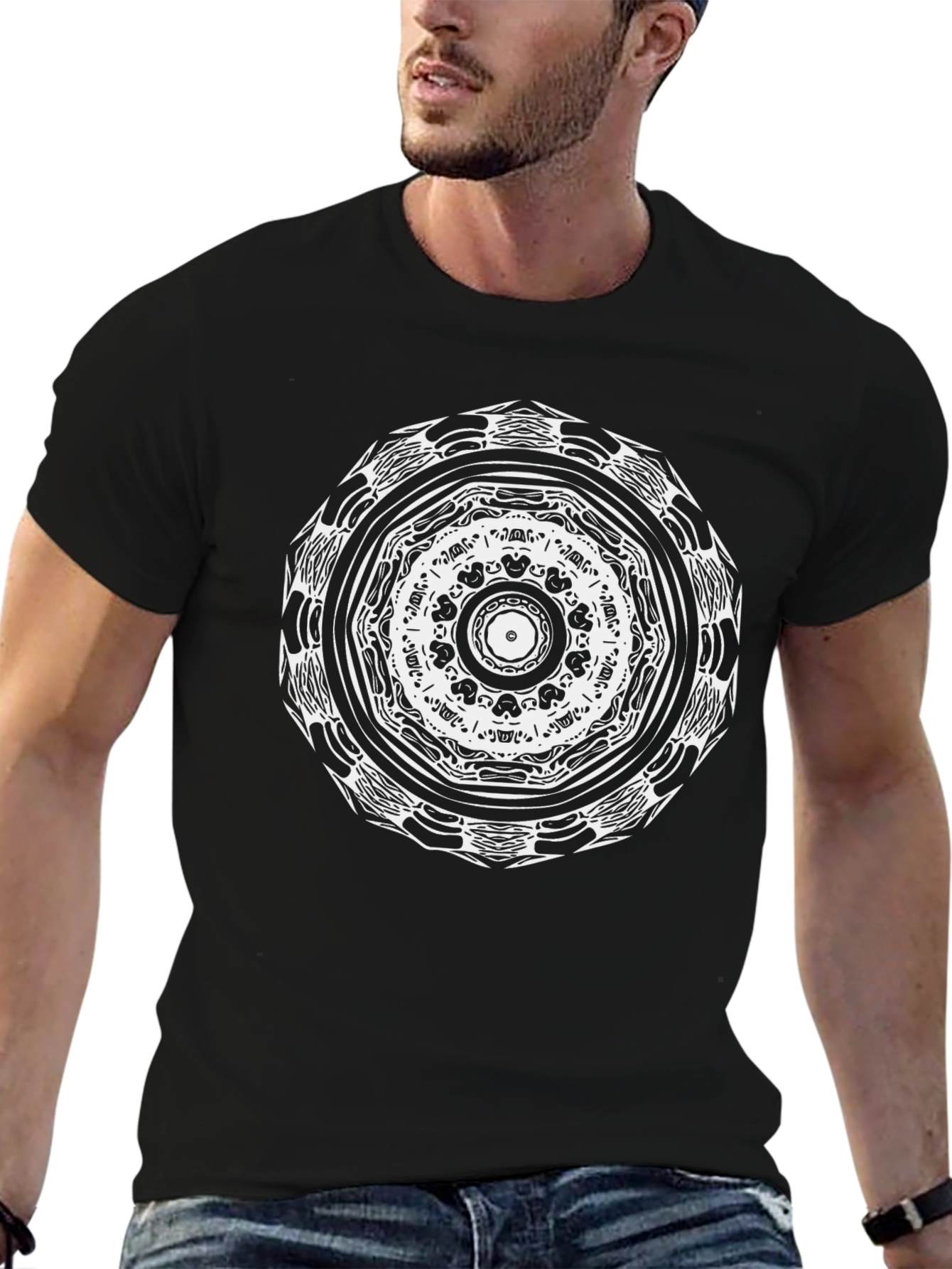 Geometric Mandala Graphic Tee - Black Cotton Comfort