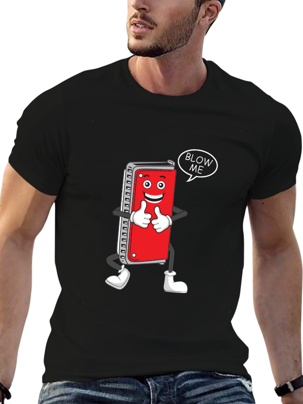 Harmonica Cartoon Graphic T-Shirt - Blow Me!