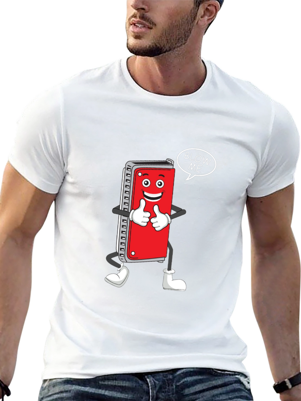 Harmonica Cartoon Graphic T-Shirt - Blow Me!