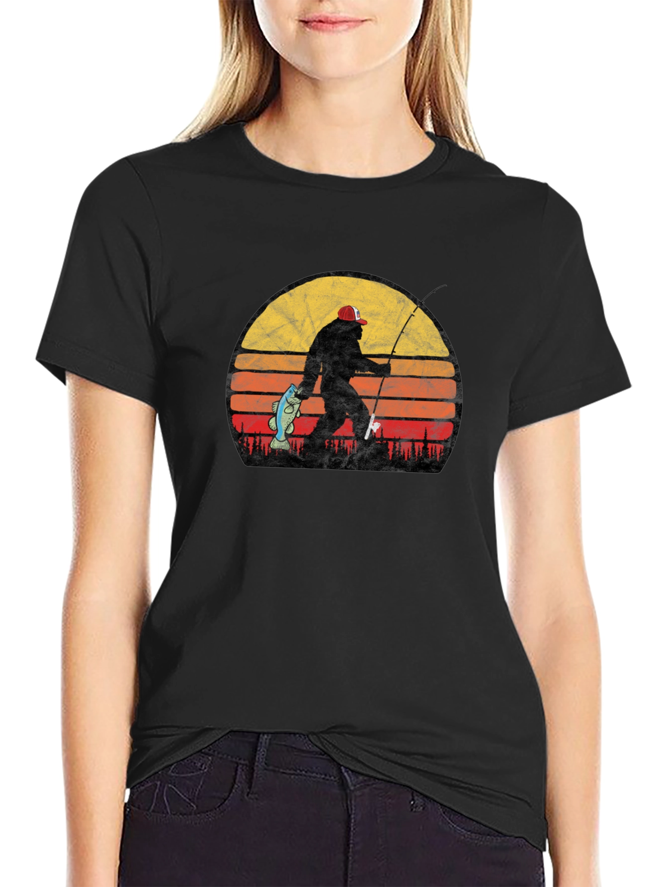 Bigfoot Fishing T-Shirt - Retro Sunset Sasquatch Tee