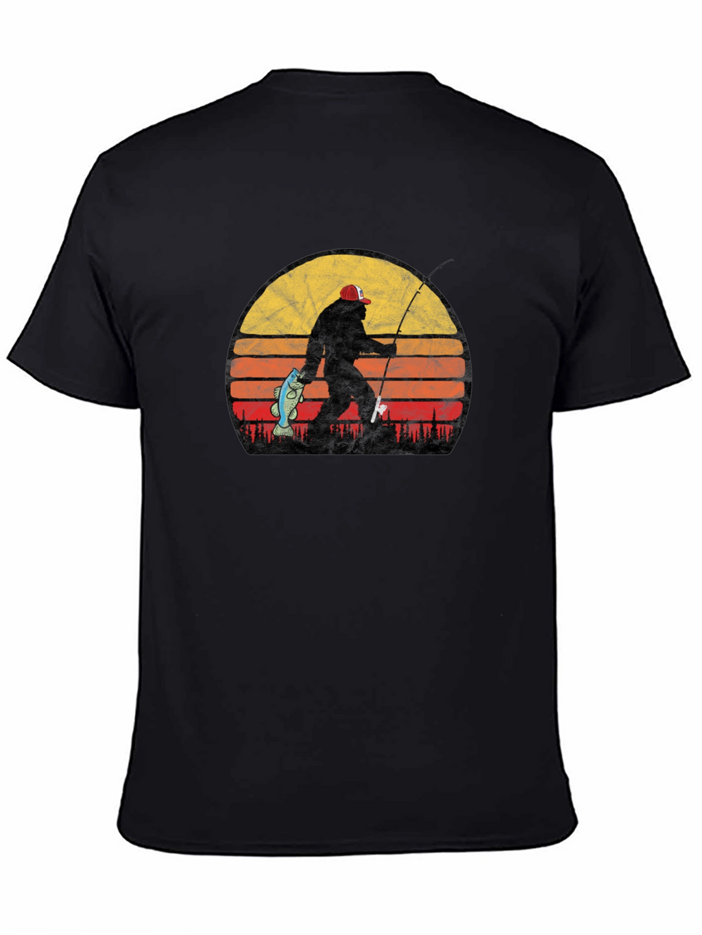 Bigfoot Fishing T-Shirt - Retro Sunset Sasquatch Tee