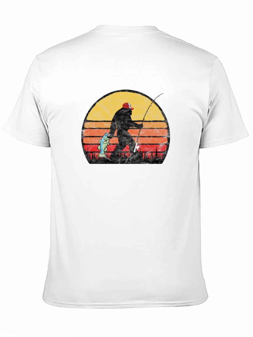 Bigfoot Fishing T-Shirt - Retro Sunset Sasquatch Tee