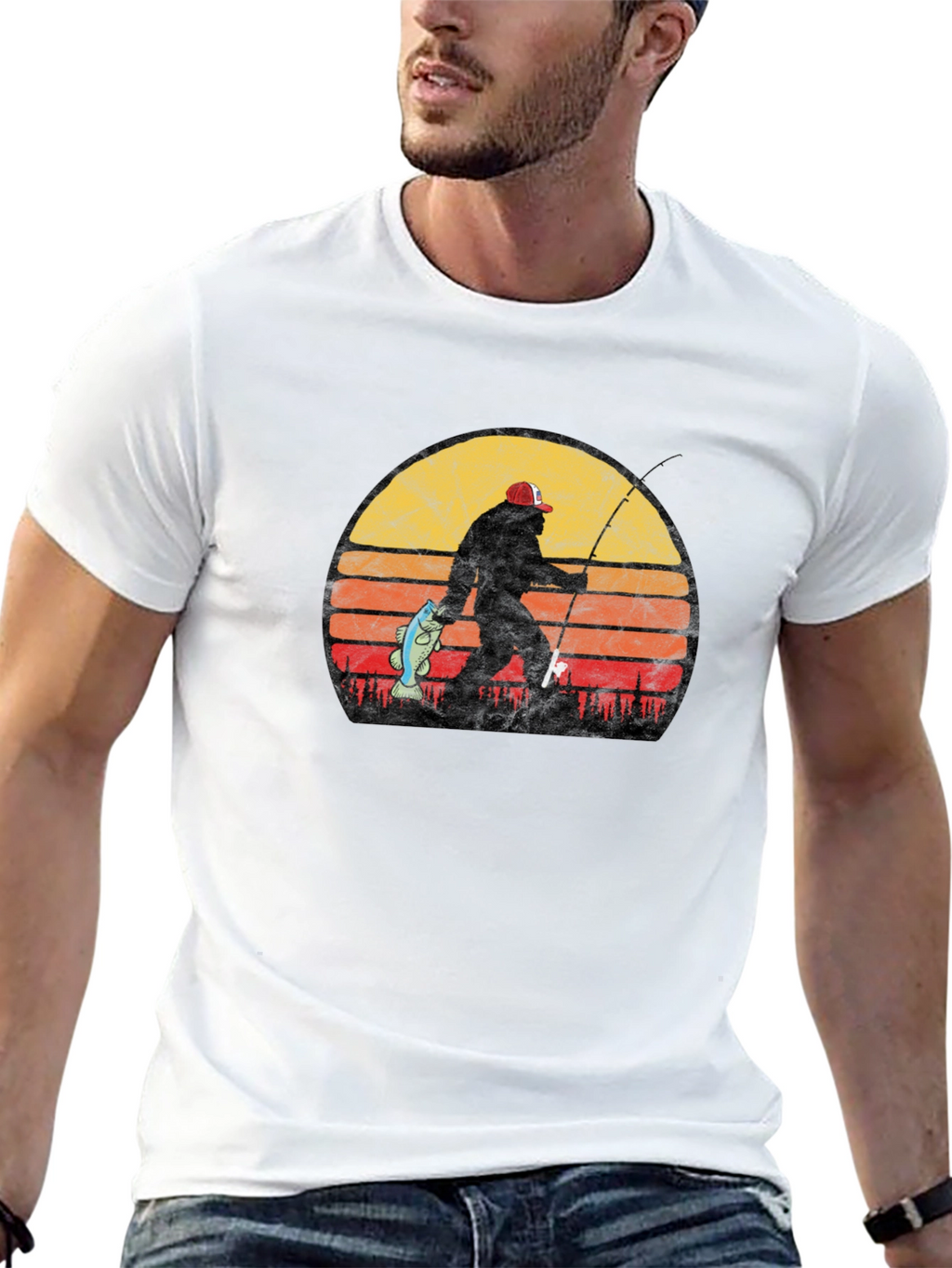 Bigfoot Fishing T-Shirt - Retro Sunset Sasquatch Tee