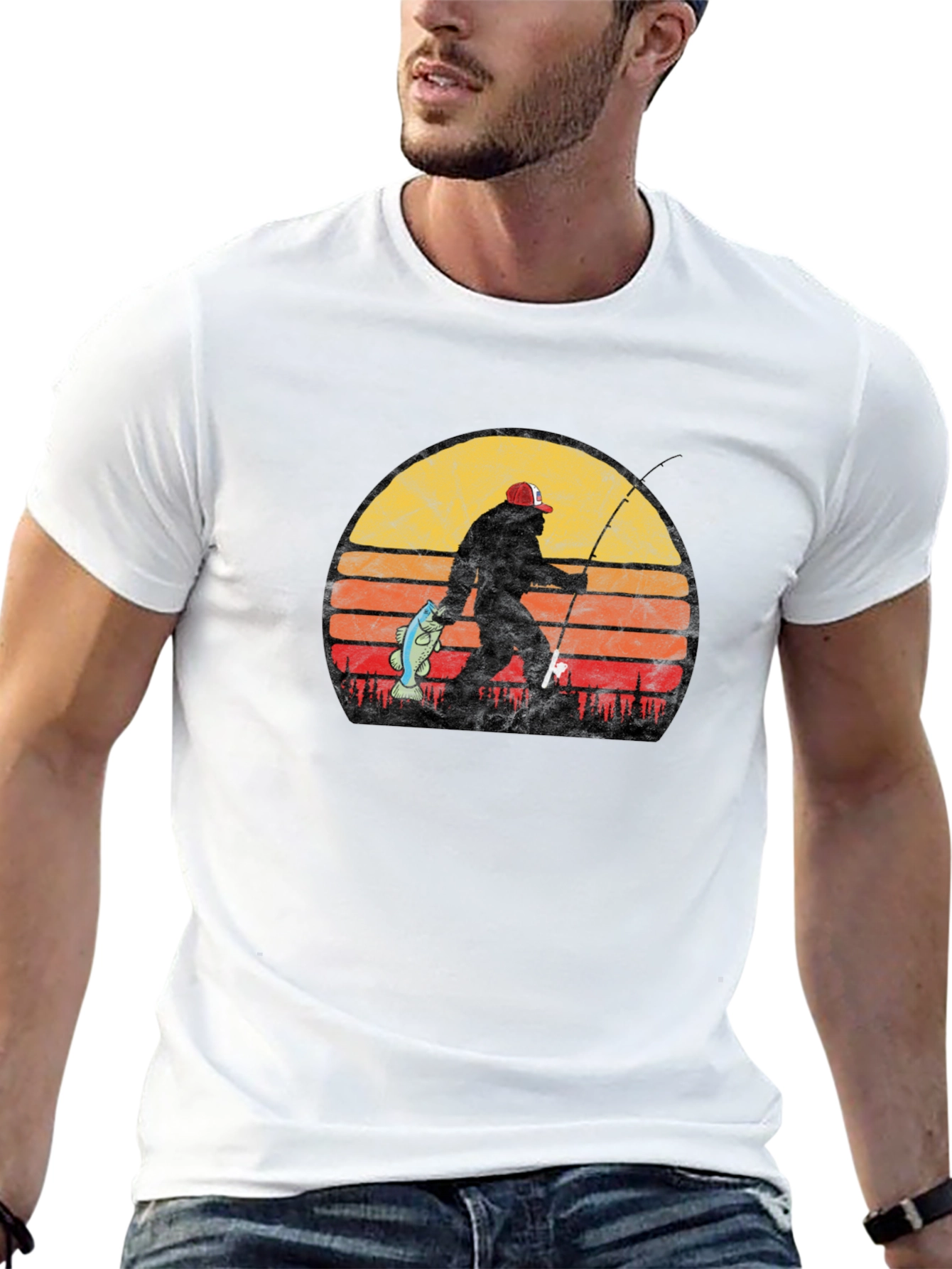 Bigfoot Fishing T-Shirt - Retro Sunset Sasquatch Tee
