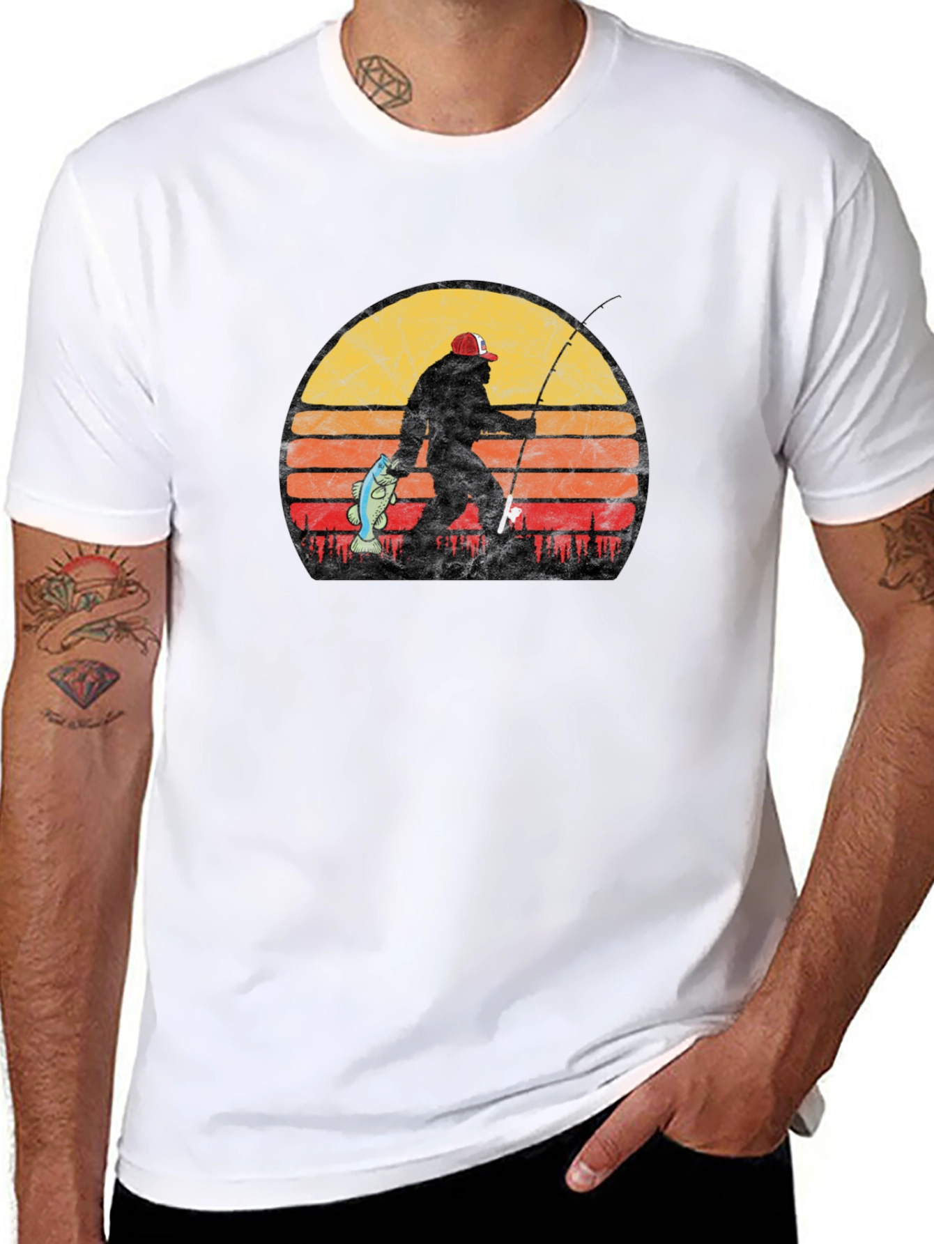 Bigfoot Fishing T-Shirt - Retro Sunset Sasquatch Tee