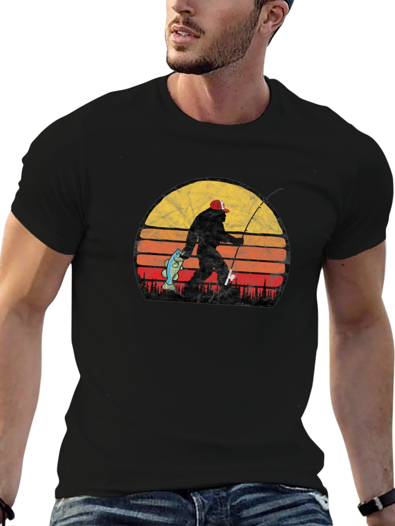 Bigfoot Fishing T-Shirt - Retro Sunset Sasquatch Tee