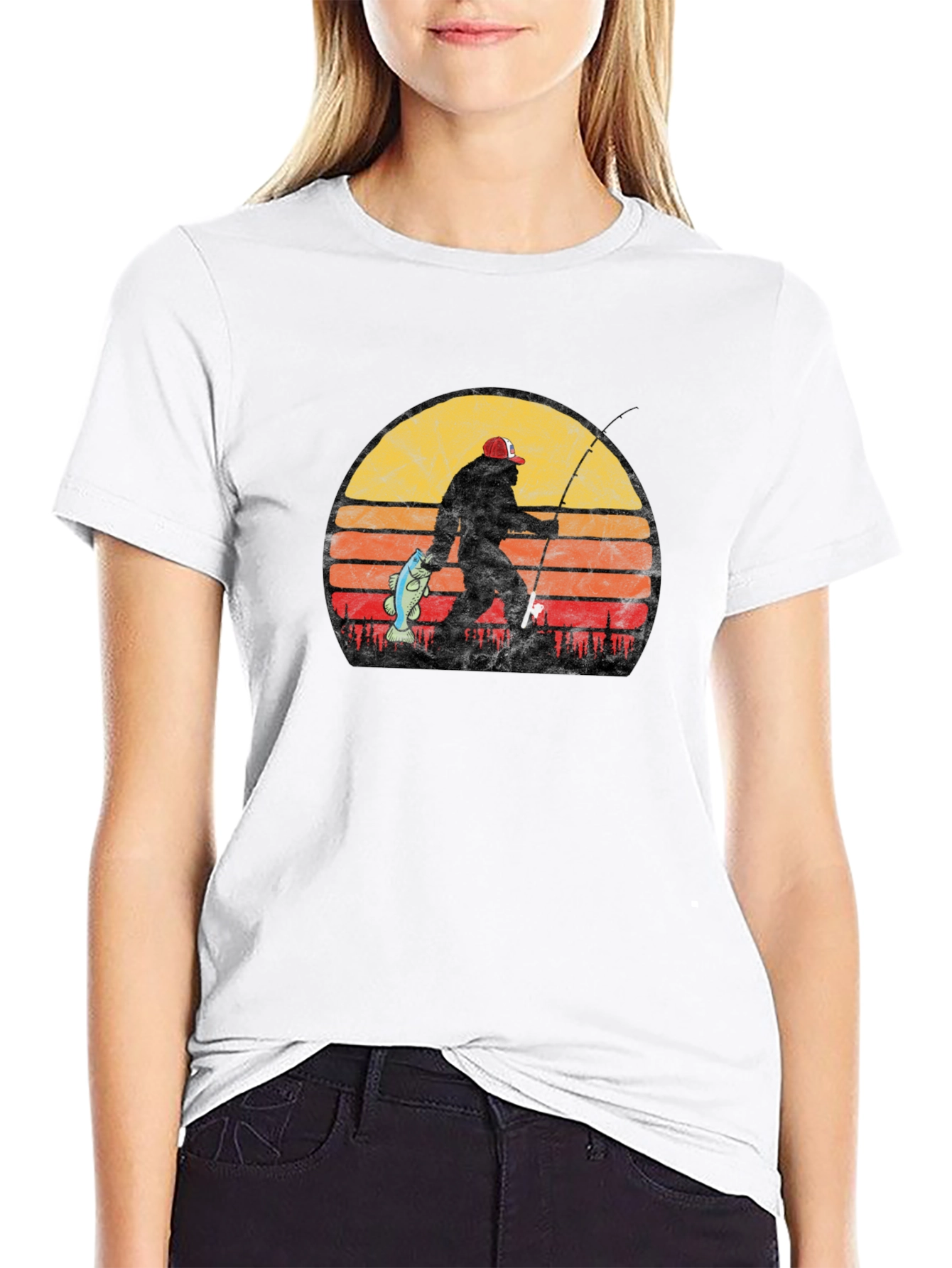 Bigfoot Fishing T-Shirt - Retro Sunset Sasquatch Tee