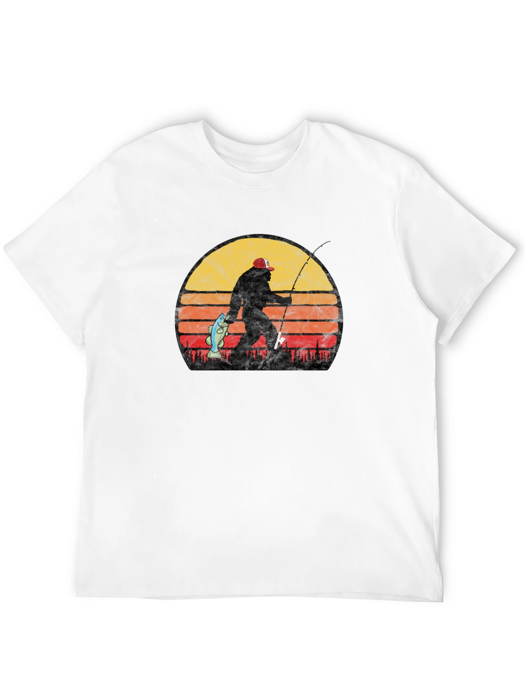 Bigfoot Fishing T-Shirt - Retro Sunset Sasquatch Tee