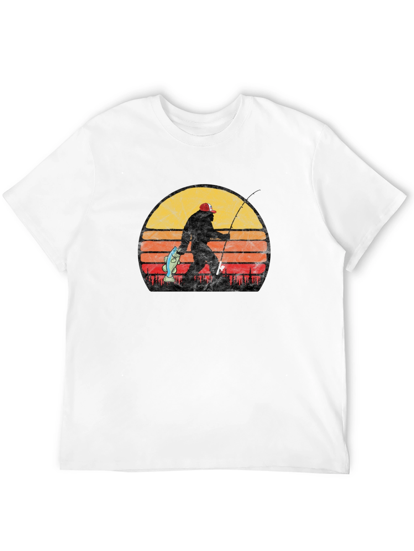 Bigfoot Fishing T-Shirt - Retro Sunset Sasquatch Tee