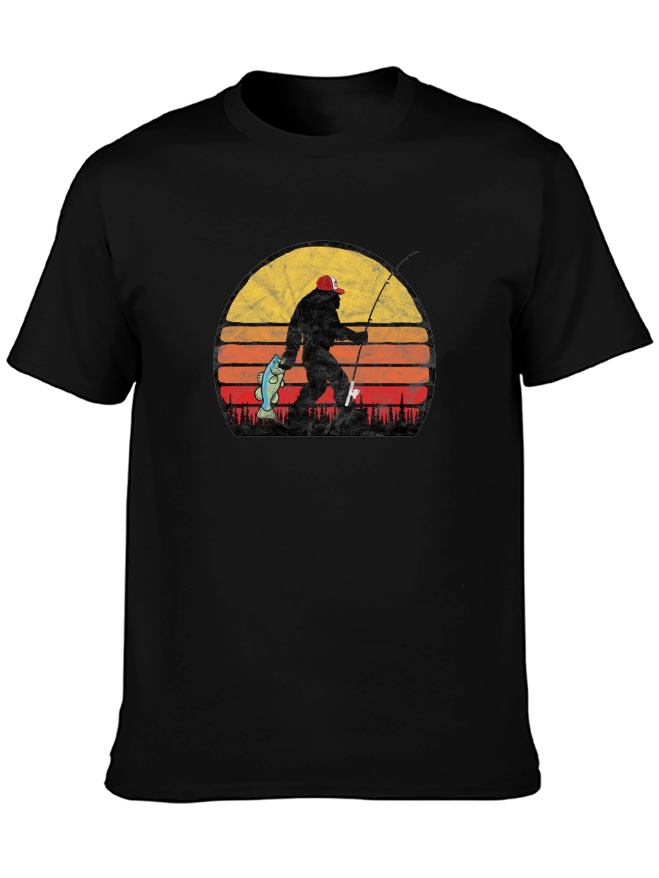 Bigfoot Fishing T-Shirt - Retro Sunset Sasquatch Tee