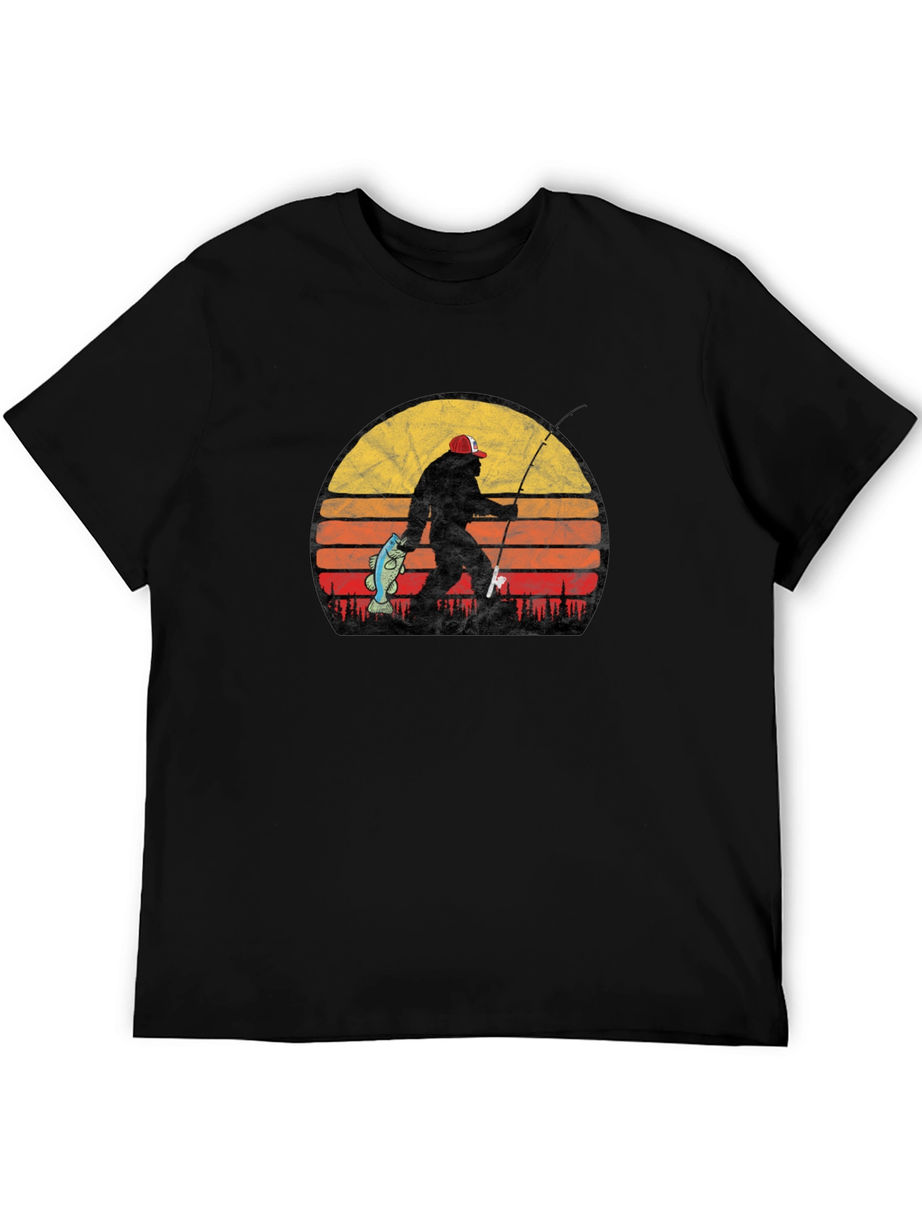 Bigfoot Fishing T-Shirt - Retro Sunset Sasquatch Tee
